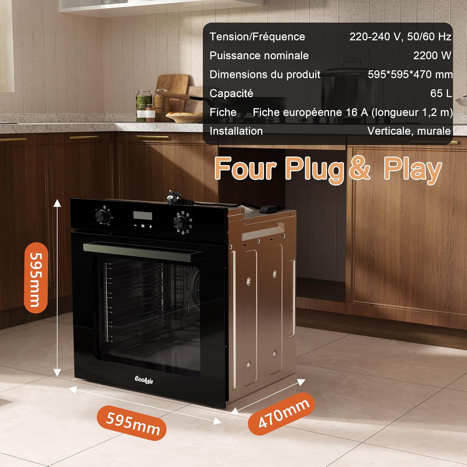 Four encastrable - 60 cm, 60L, 2800W, 9 fonctions, minuterie 10h