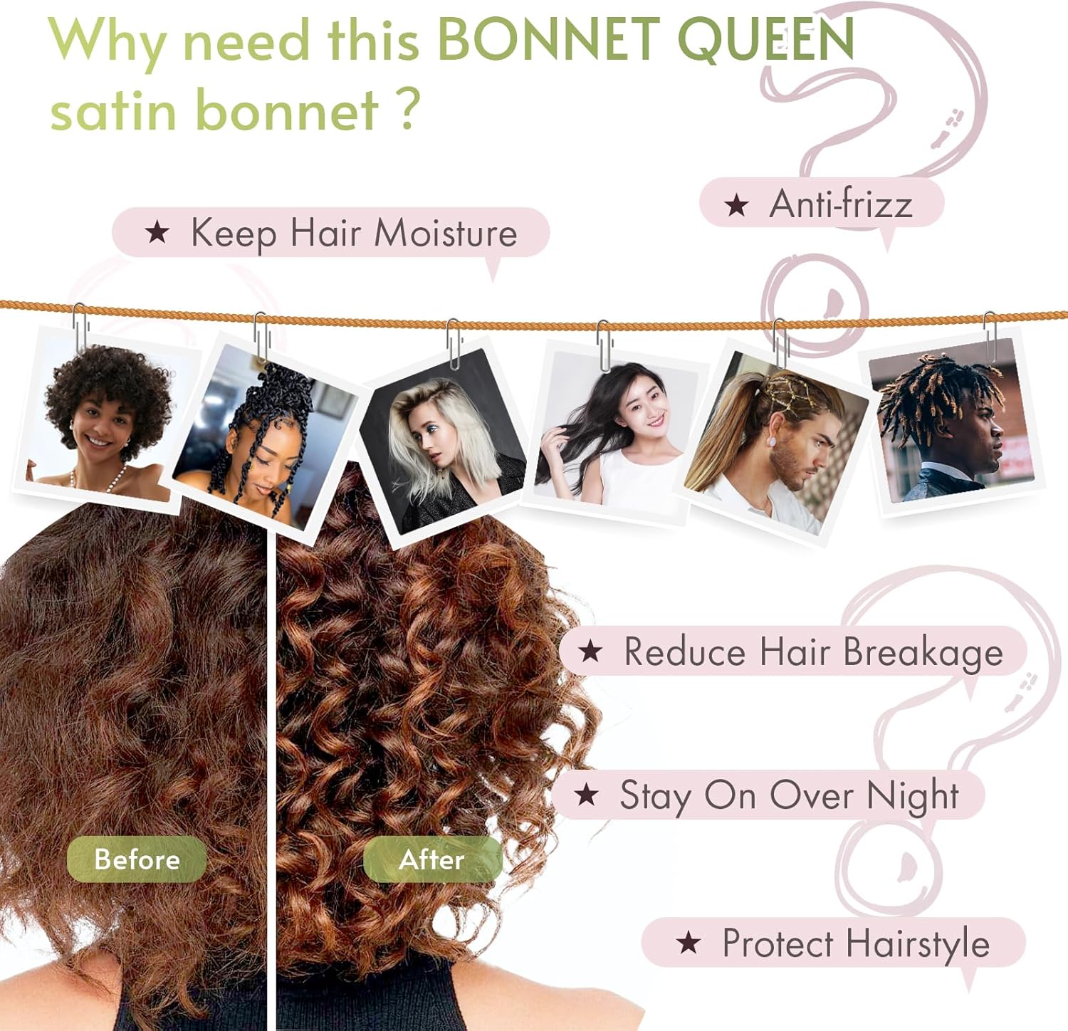 BONNET QUEEN - bonnet satin moyen - ajustable, elastique long, rouge brun