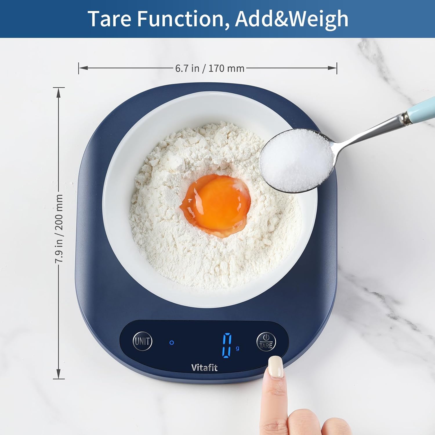 Vitafit - Balance de cuisine 15kg - acier inox, tare, 3 AAA, bleu