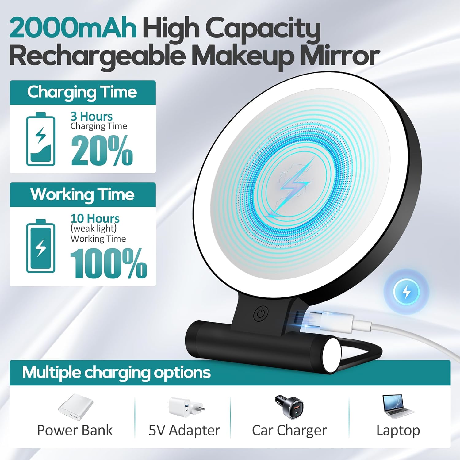 B Beauty Planet - miroir grossissant double face, 1x/30x, 2000mAh, LED, 3 couleurs, pince à épiler, compact