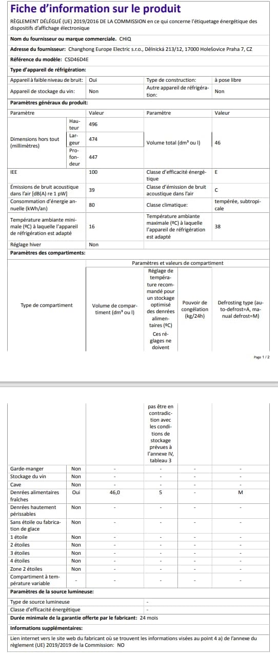 CHIQ - Mini réfrigérateur compact 46L, silencieux, 47x44,7 cm - CSD46D4E