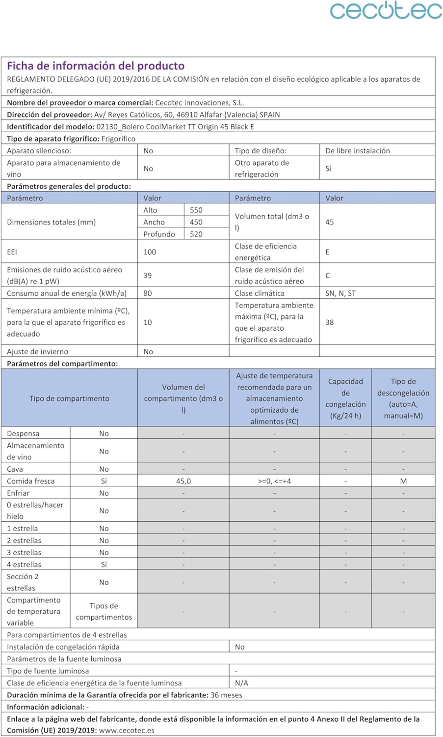 Cecotec - Bolero CoolMarket TT Origin - 55x44,7cm - mini frigo, classe E, bac à glace, poignée chromée
