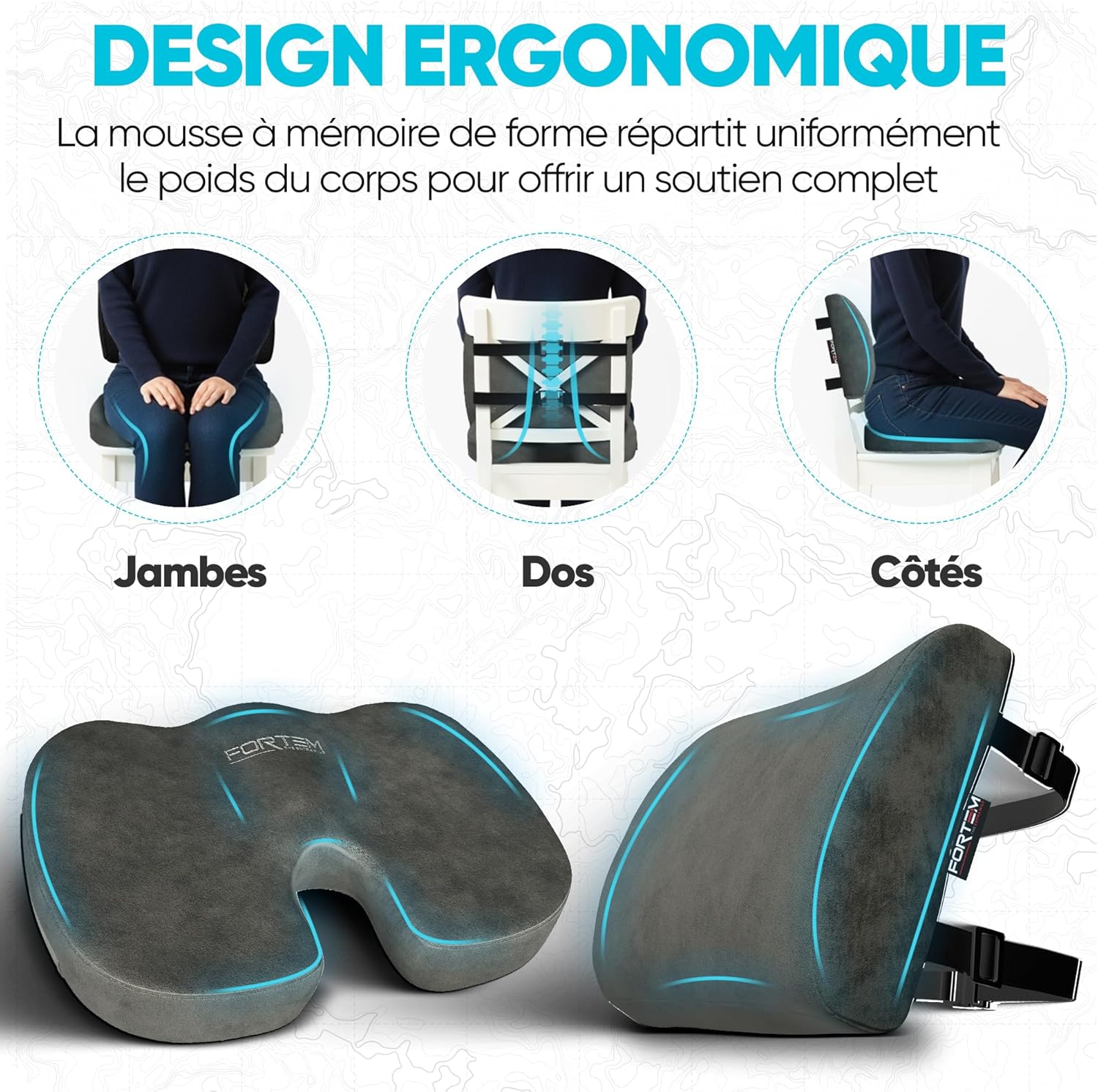 FORTEM - coussin lombaire/assise mémoire de forme - antidérapant - soutien prolongé dos, confort chaise et auto