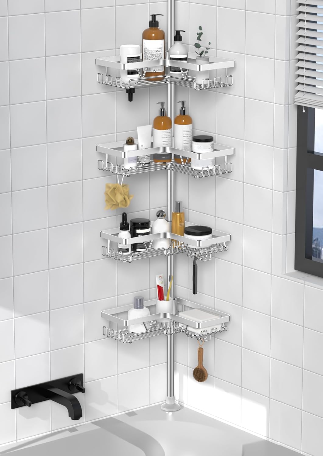 Kegii - étagère douche télescopique, 4 paniers réglables, argent