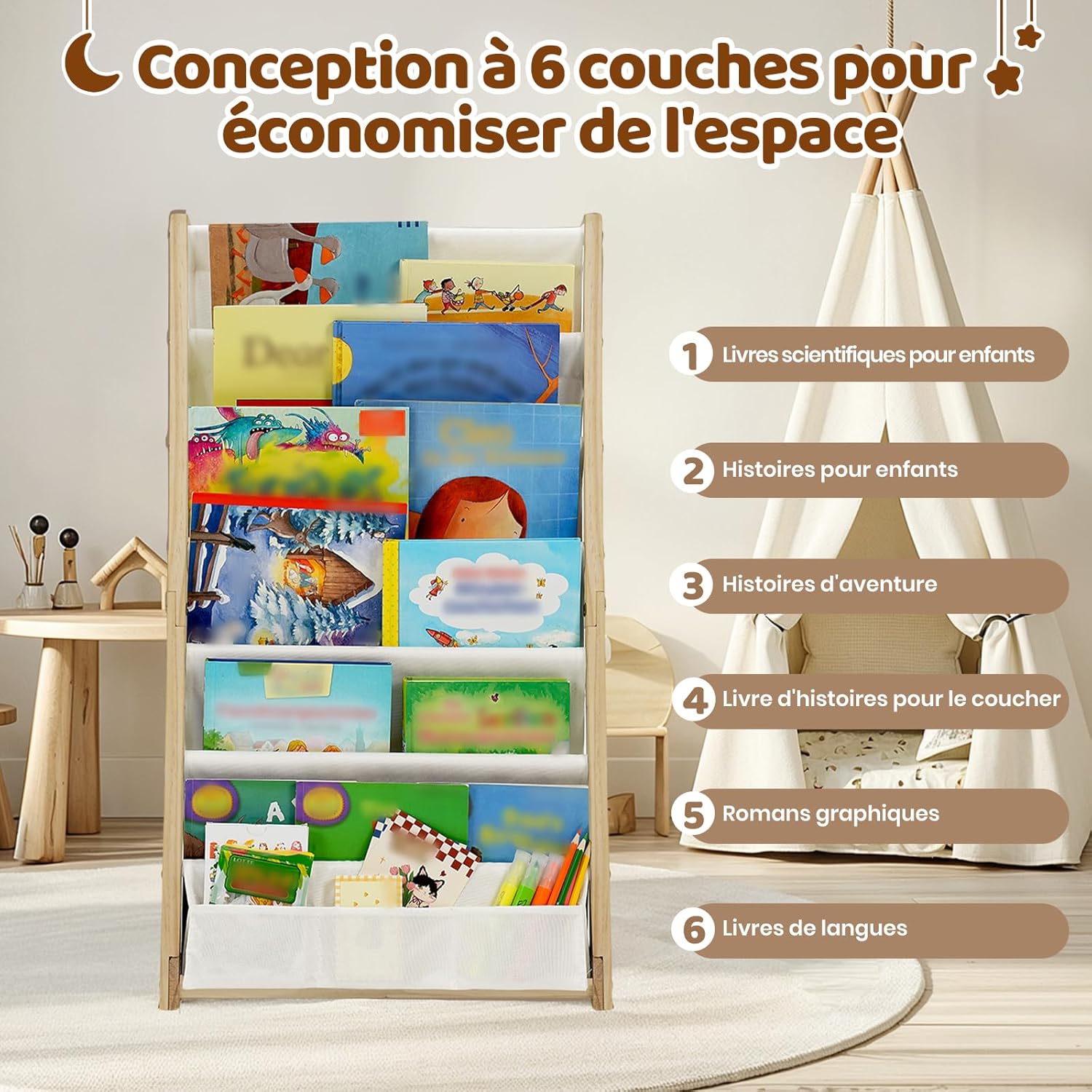 COSYLAND - Bibliothèque enfant 7 niveaux 42,5cm bois massif, stable