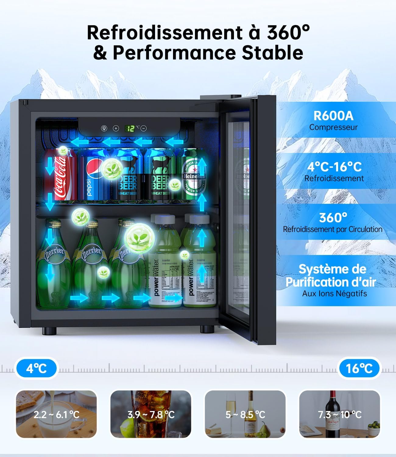 WIE - Mini Réfrigérateur 36L vitré, silencieux, 55 canettes, compact