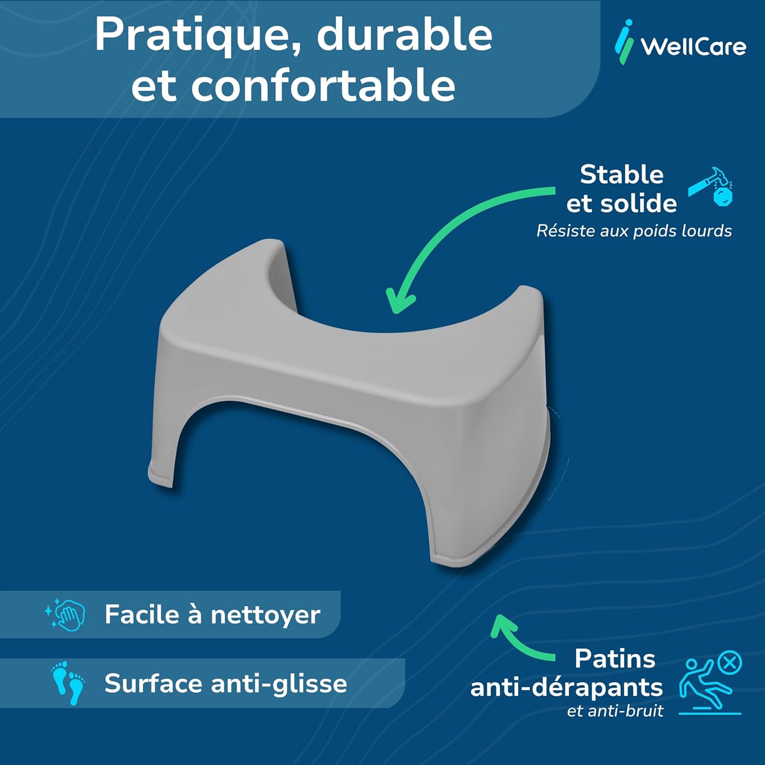Tabouret de toilette - Gris, plastique recyclé, Fabriqué en France - Compact, position physiologique anti-constipation
