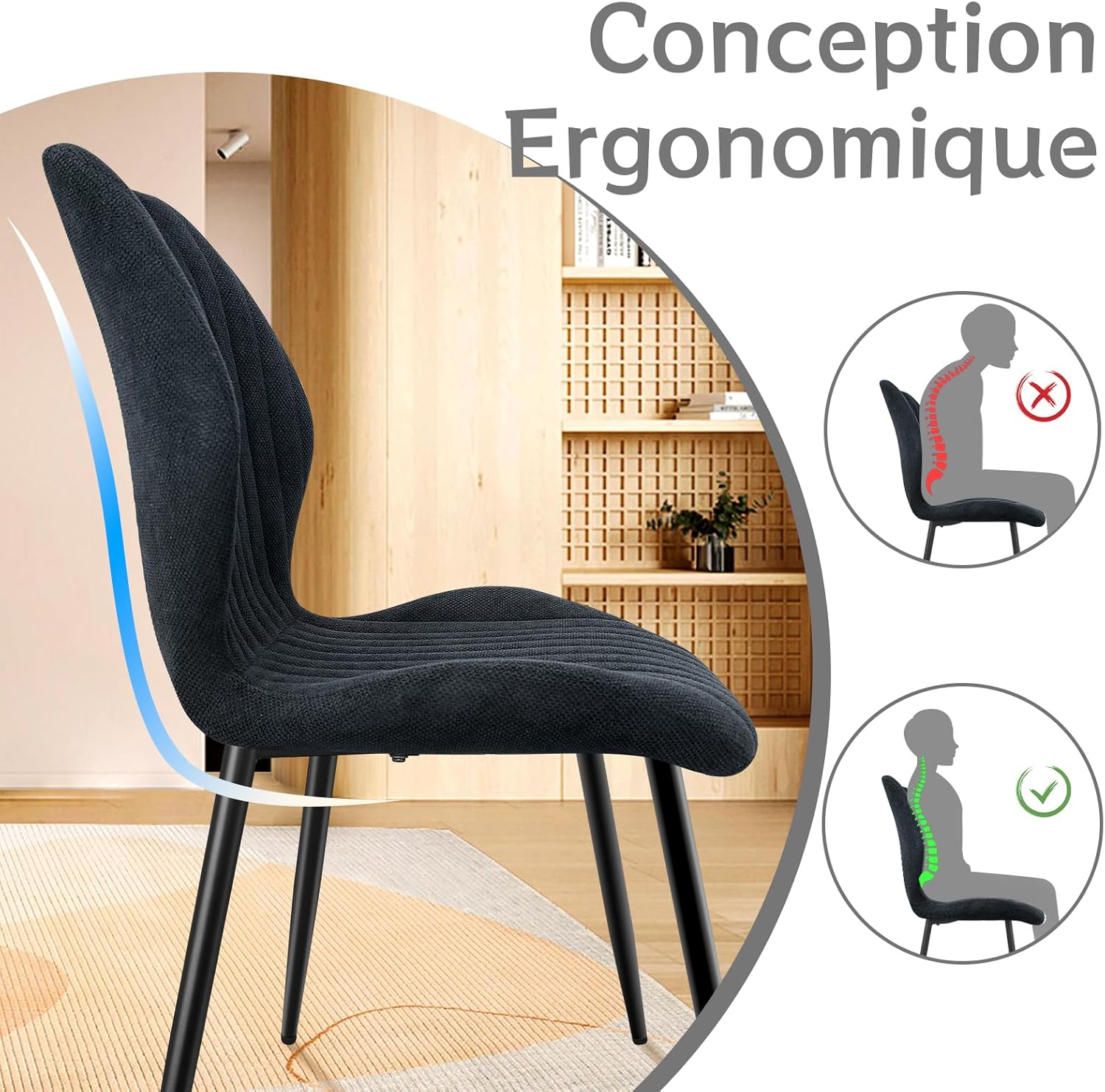 Chaises de salle à manger - lot de 2 - tissu gris foncé, pieds métal, dossier rembourré - dimensions compactes