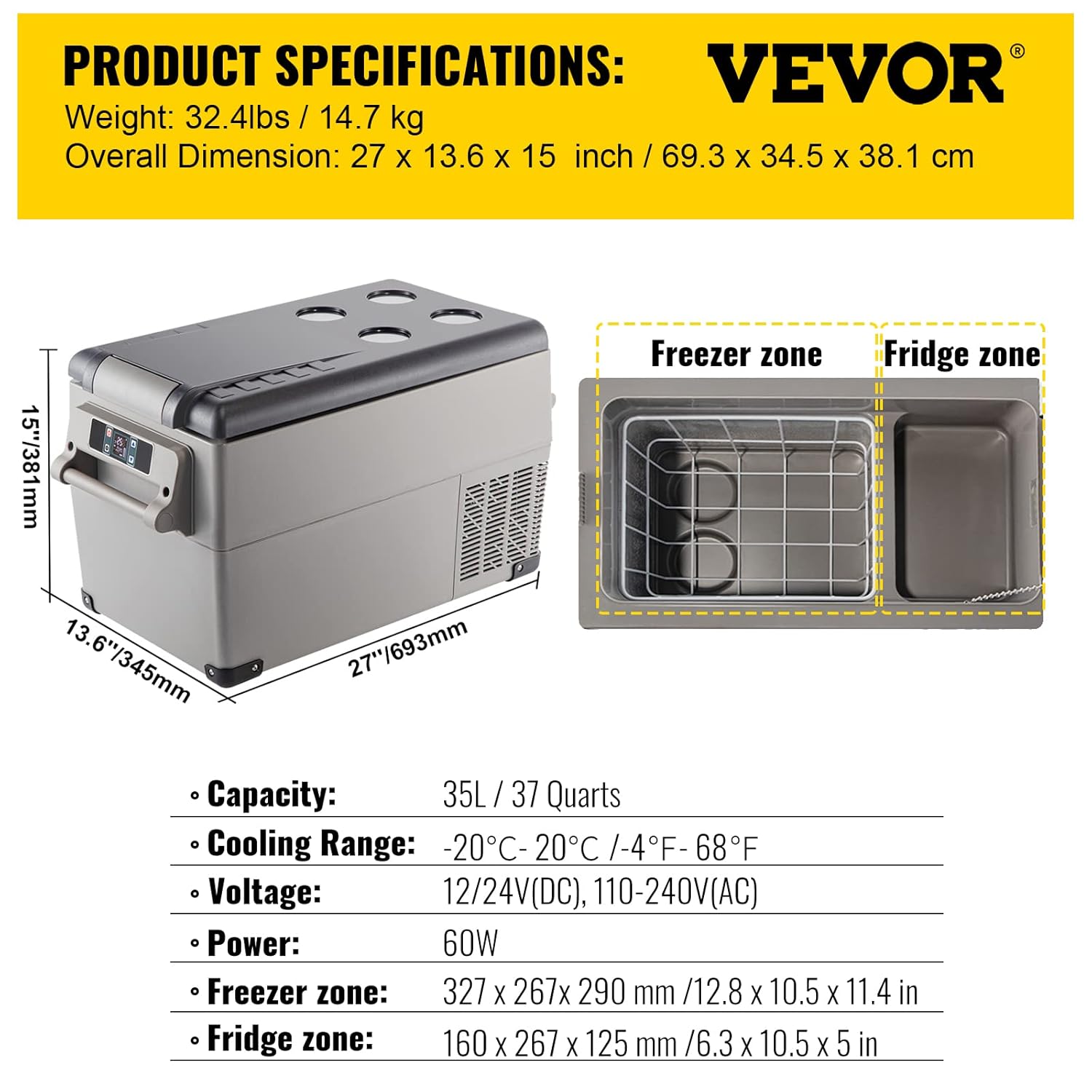 VEVOR - glacière électrique 35L, LCD, -20 à 20°C, 69x34x38 cm