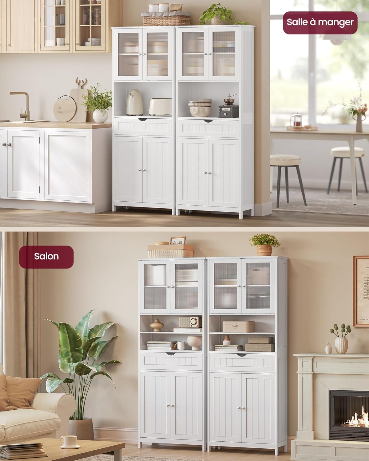 VASAGLE - armoire de rangement salle de bain, étagères réglables, tiroir, blanc, BBC768W01