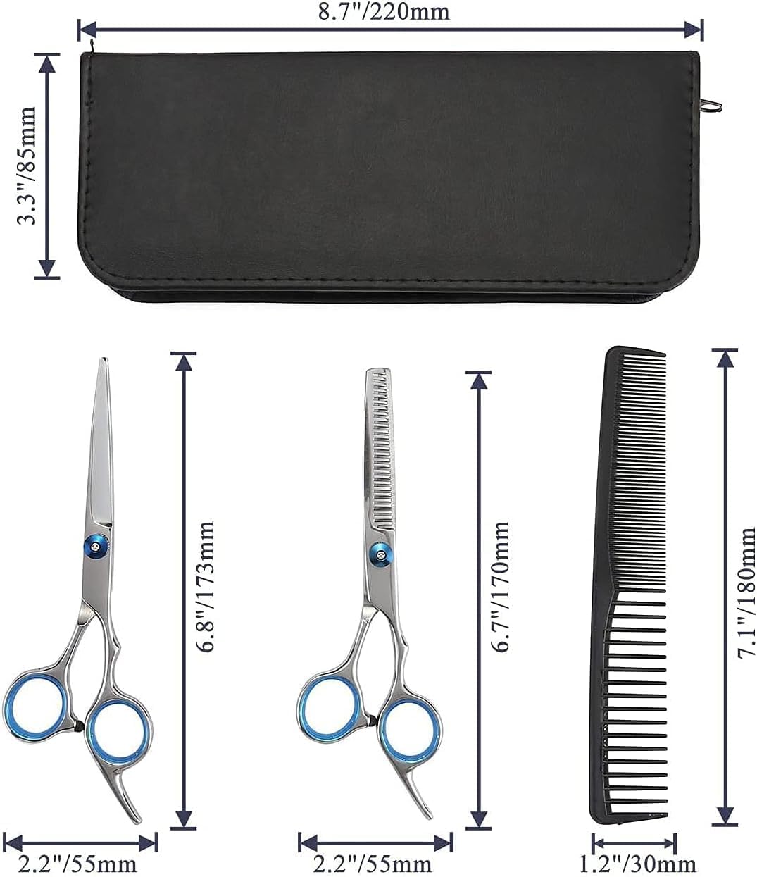 Ciseaux de coiffure - kit 7 pièces gaucher inox, coupe salon et domicile