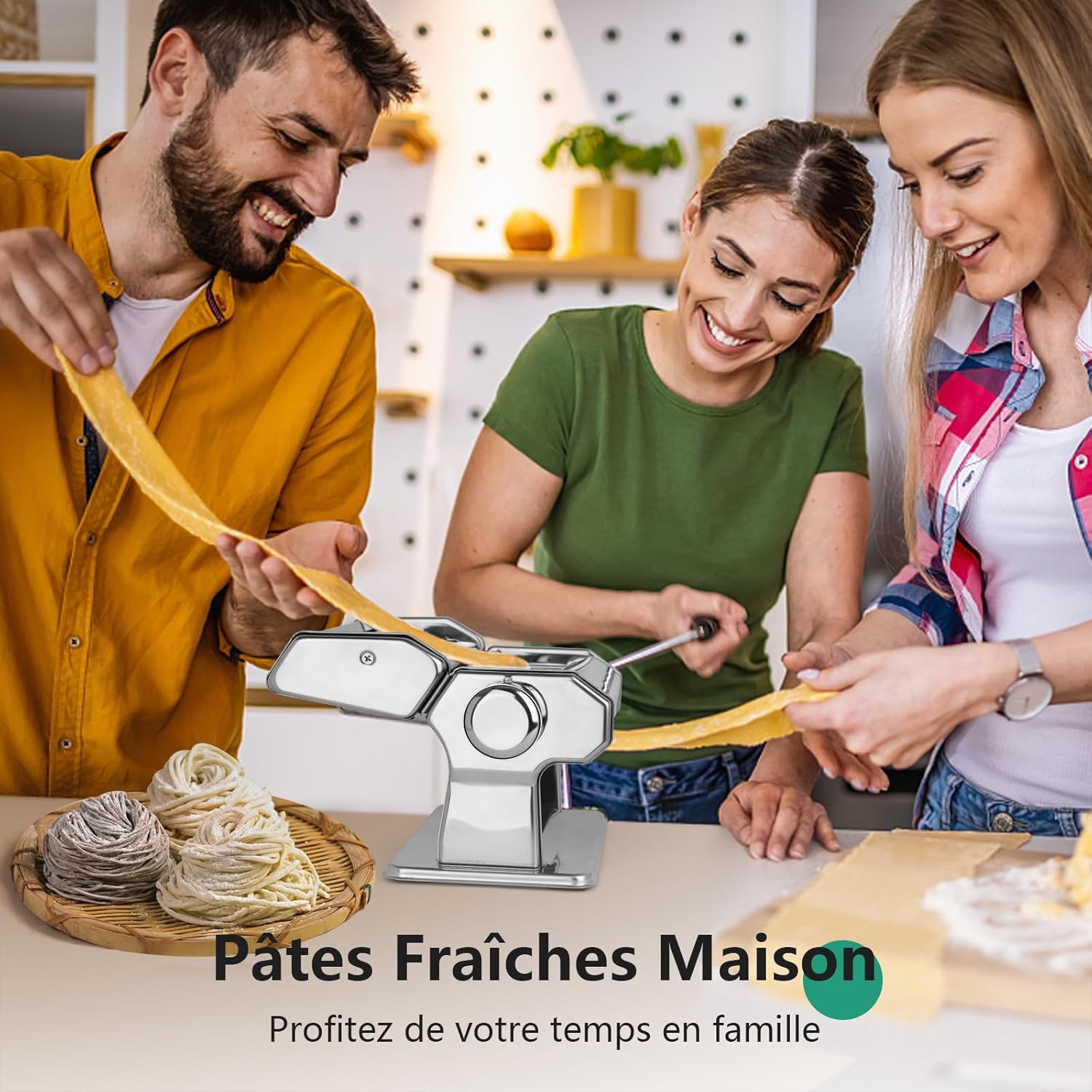 YASHE - machine à pâtes manuelle - inox, 7 réglages, rouleau, coupe-pâtes