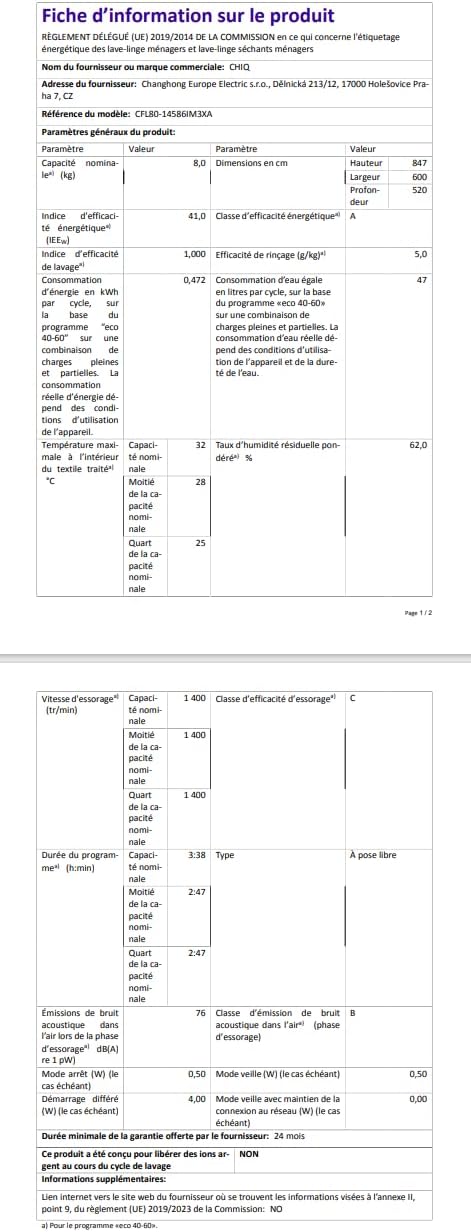 CHiQ - lave-linge frontal 8 kg, moteur inverter, 1400 tr/min, vapeur, CFL80-14586IM3XA