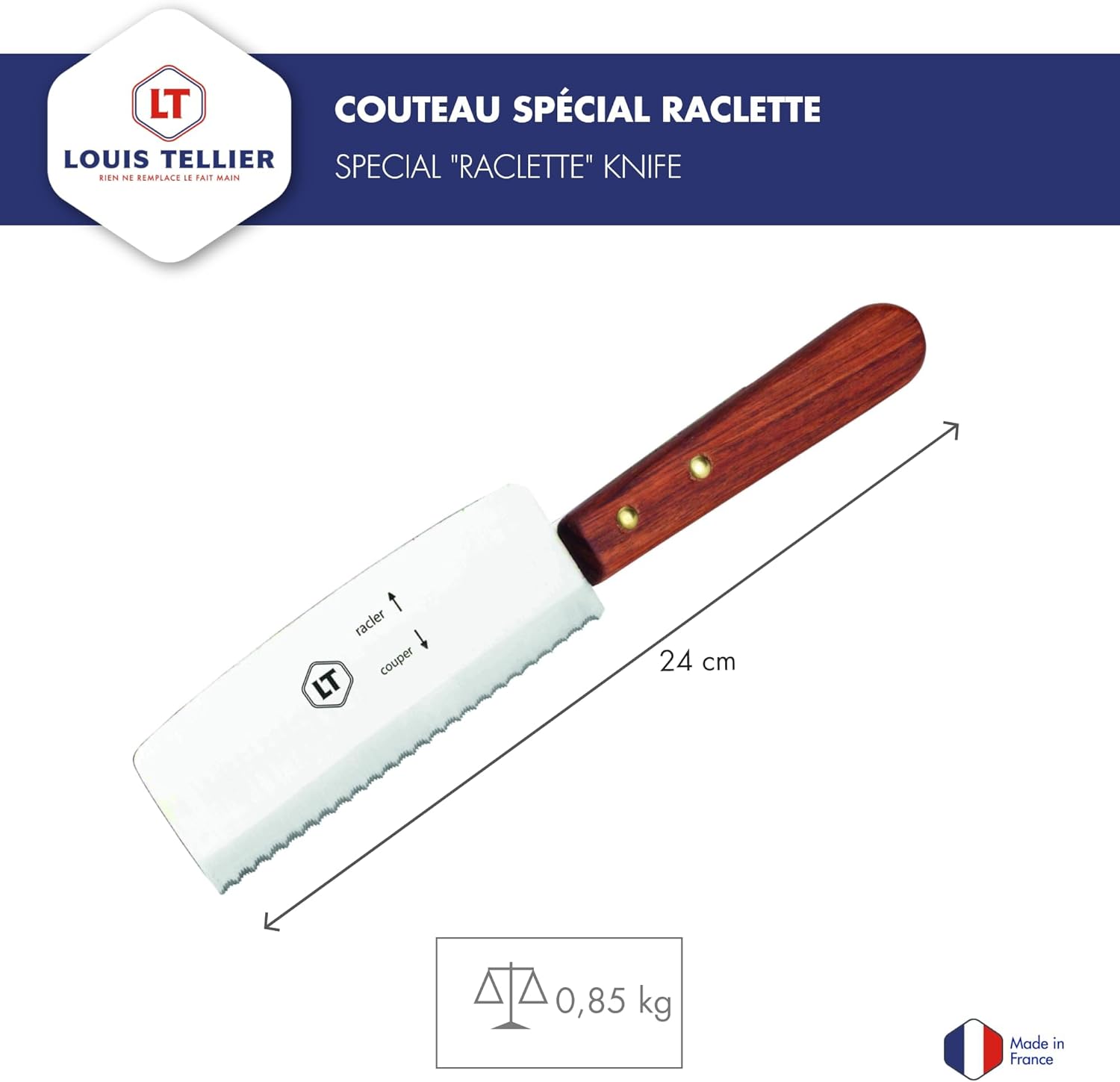 Louis Tellier - Couteau raclette bois/inox - 24,5x1,5x4,5 cm - côté coupe et raclette