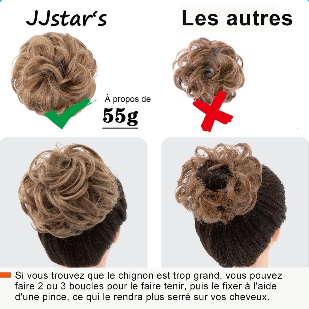 JJstar - Chignon postiche bouclé, élastique, cheveux naturels, brun blond