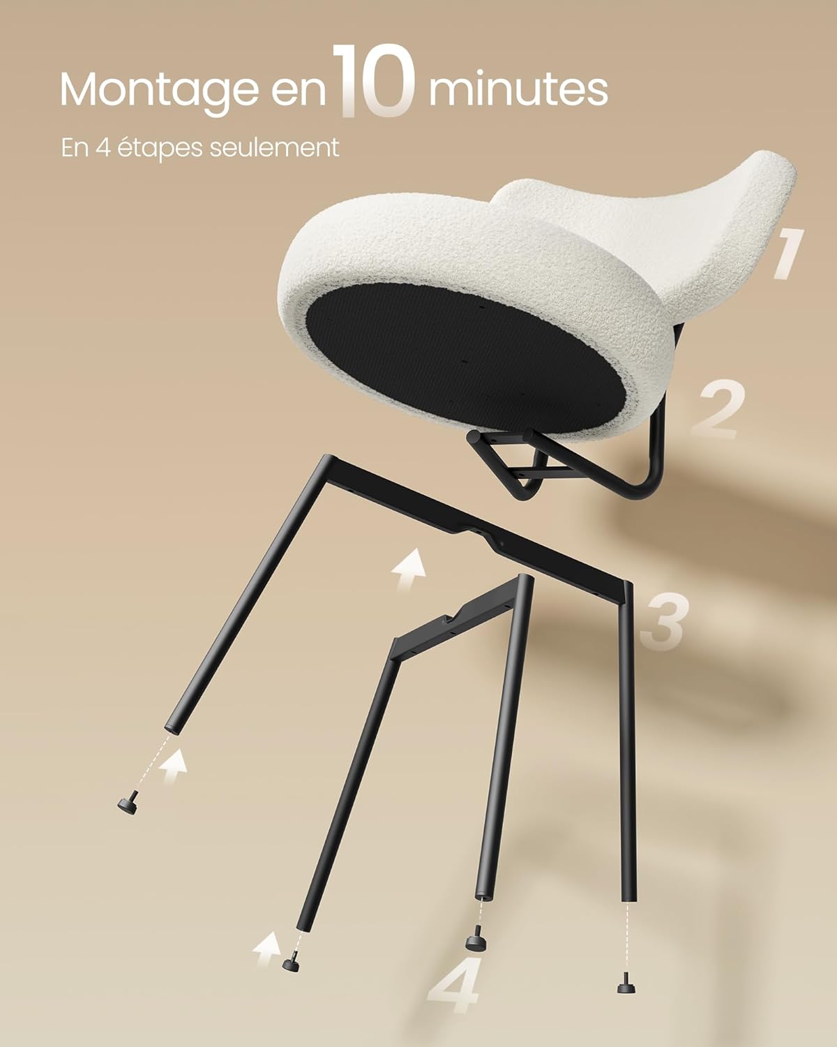 VASAGLE - chaises salle à manger lot de 6, tissu peluche, dossier courbé, cadre acier, blanc crème KDC110W16