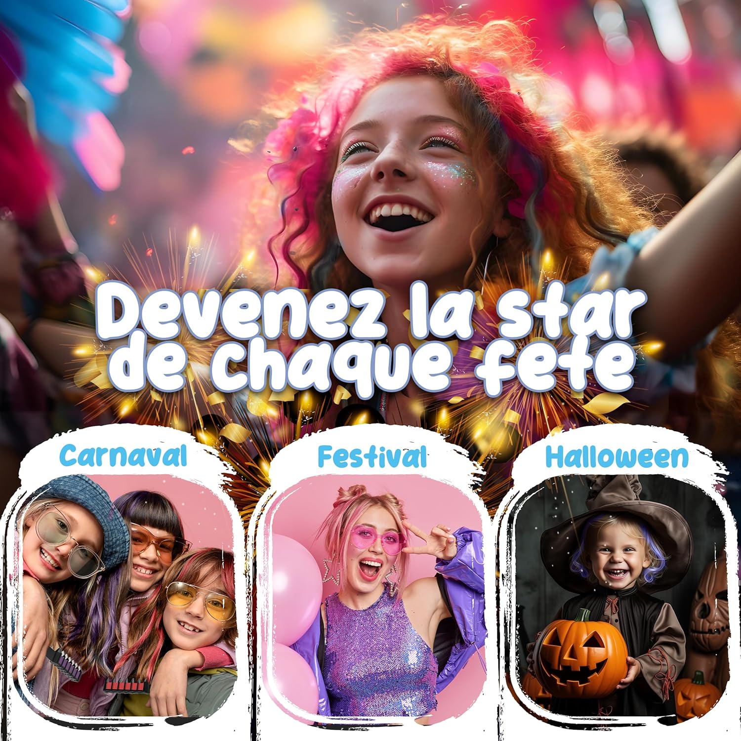 Magicat - Peigne à craie Magicat 20 - 10 couleurs lavables, élastiques cheveux, idéal enfants