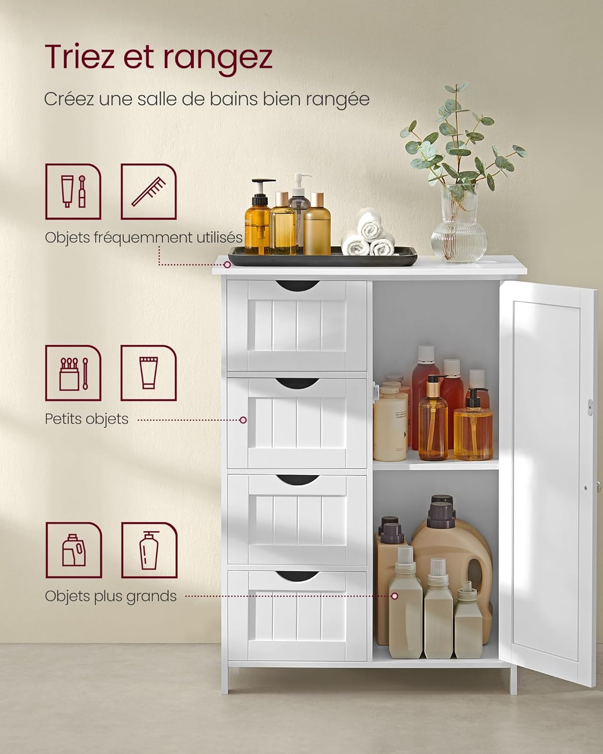 VASAGLE - meuble salle de bain rangement, 35x65x90cm, 4 tiroirs, étagère réglable LHC042W01