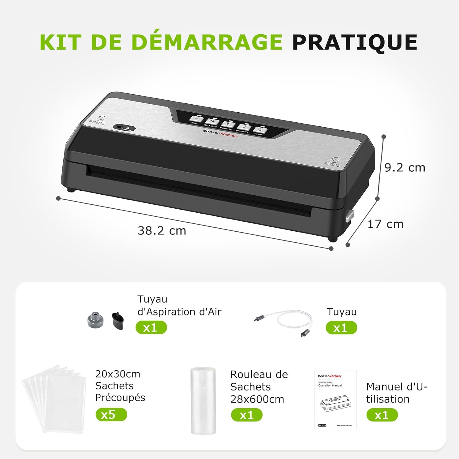 Bonsenkitchen - machine sous vide, intégrée coupe-sac, rangement, 1 rouleau, 5 sacs, noire