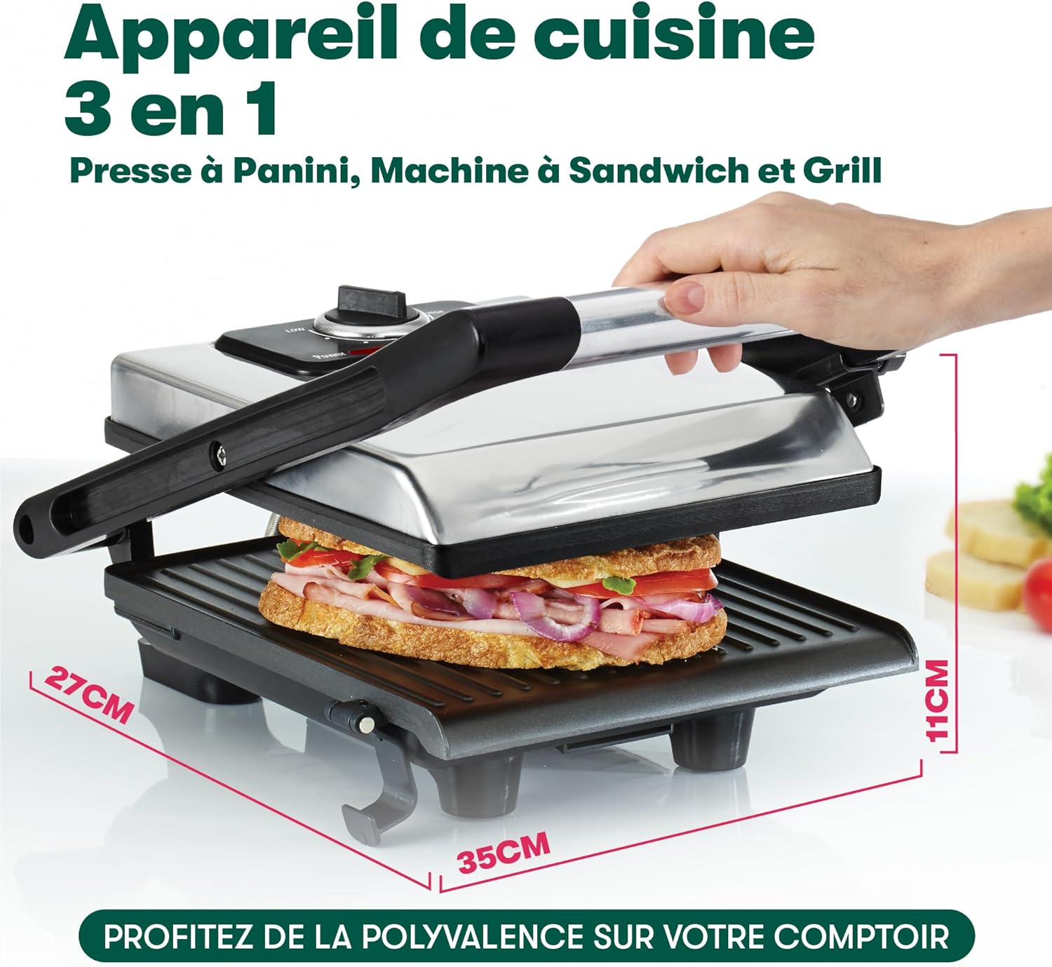 Bella - Presse à panini inox - 1400W - plaques antiadhésives, couvercle réglable, plateau amovible