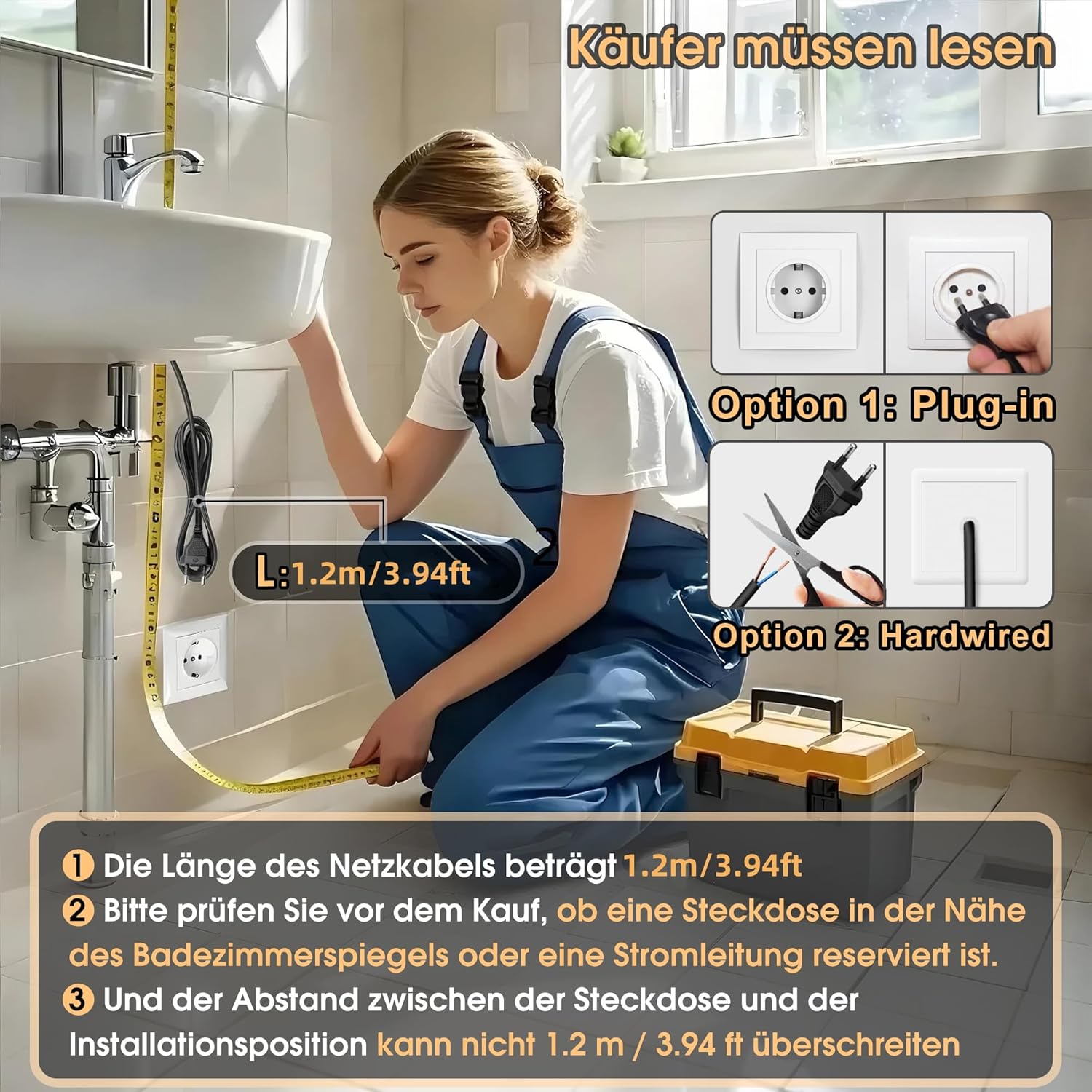 Miroir de Salle de Bain - LED, tactile, 3 couleurs, 60x40 cm