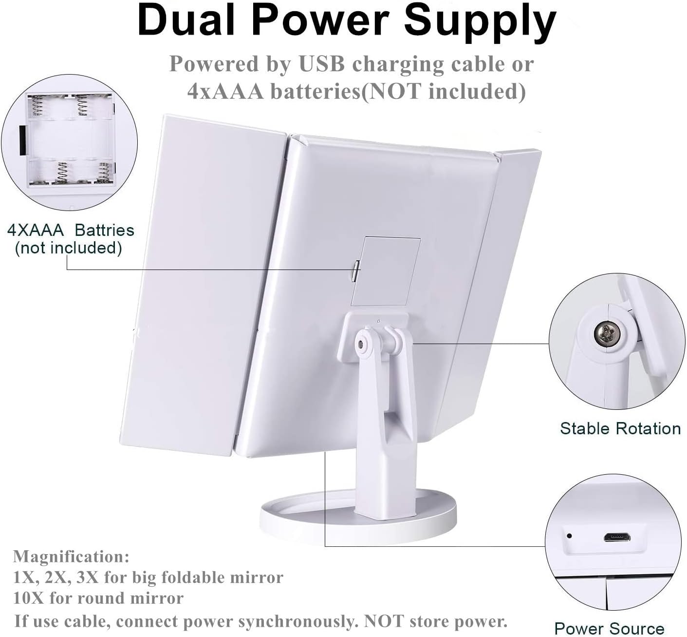 Nestling - miroir triple grossissant LED, tactile, rotatif 180°, 10x/3x/2x, double alimentation