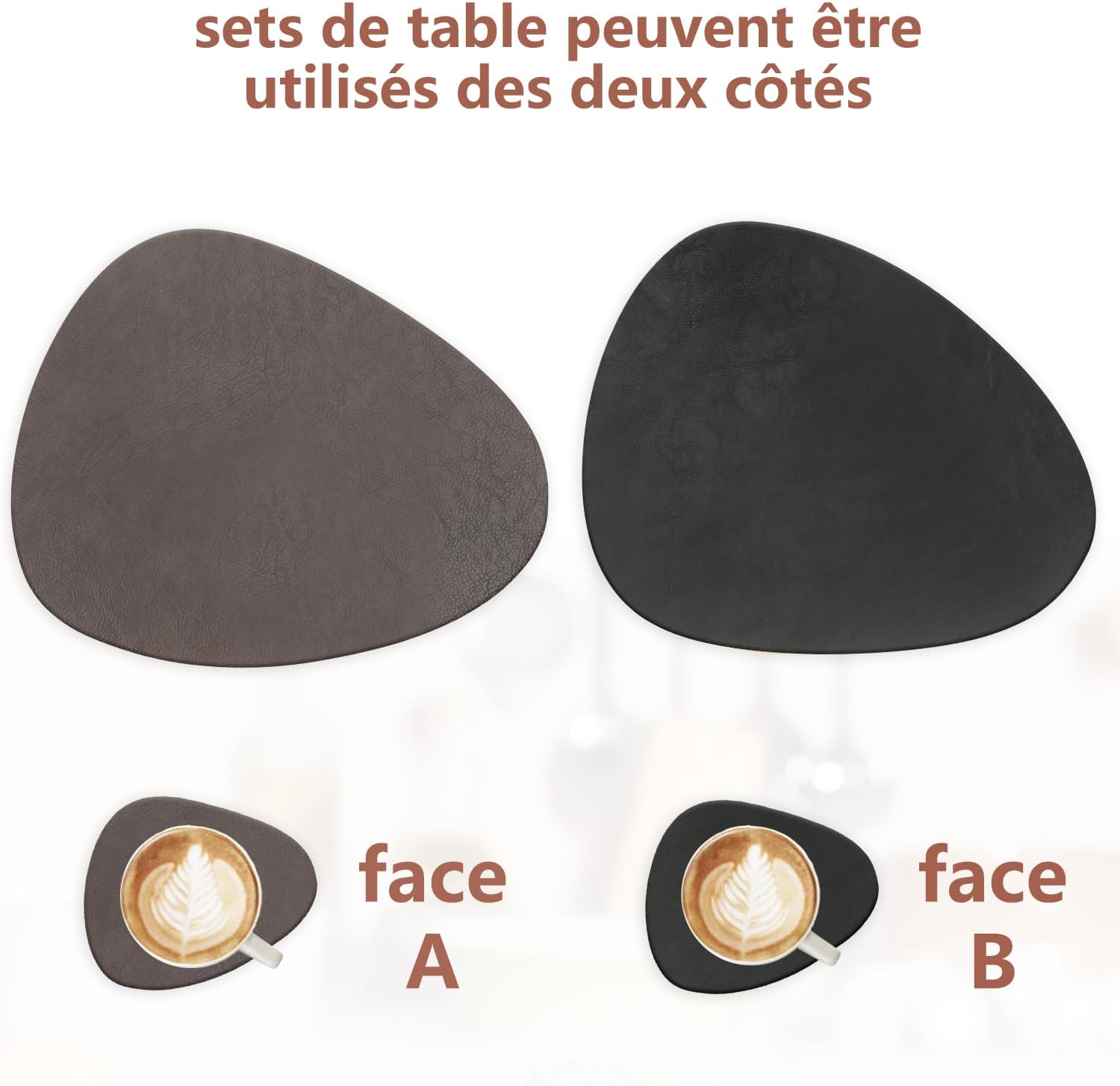 Set de table - ovale, 41x33cm, lavable, antidérapant, cuir PU, lot de 4