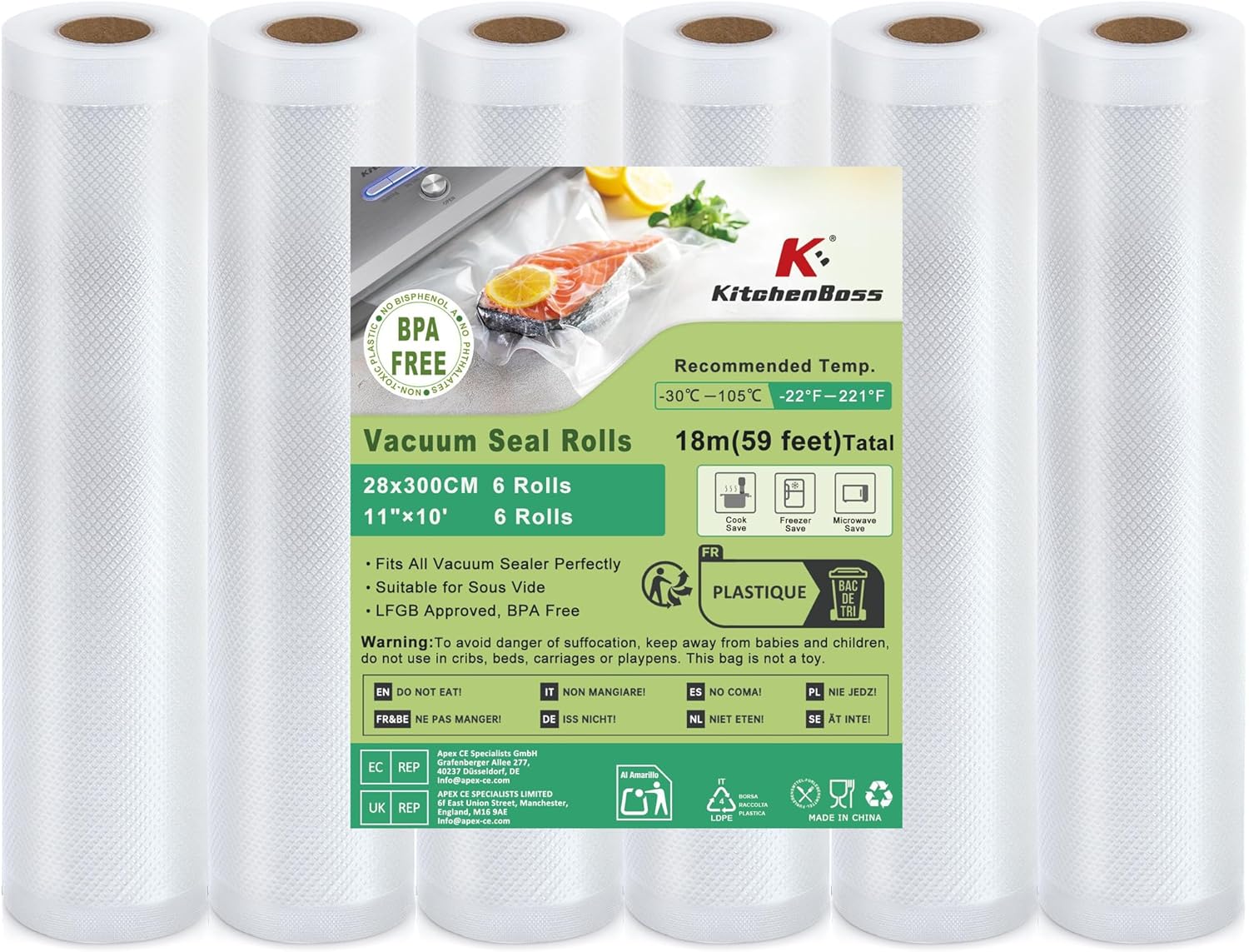 KitchenBoss - rouleaux sous vide 28x300cm - lot de 6, cuisson et conservation