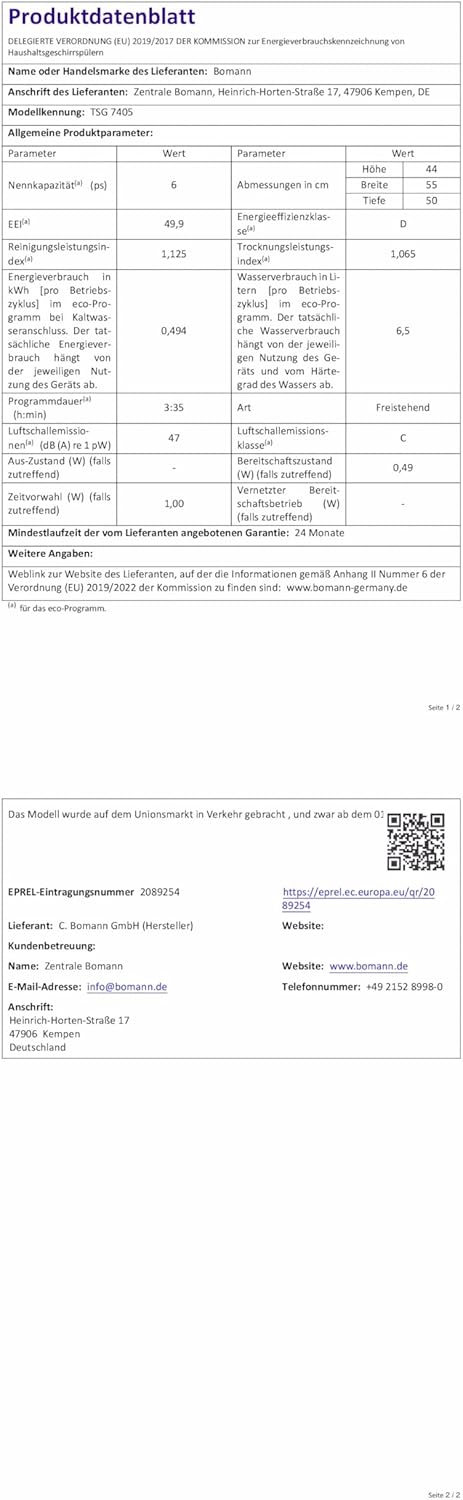 Bomann - lave-vaisselle compact - 43,8x55x50cm - 6 réglages, ouverture auto, TSG7405