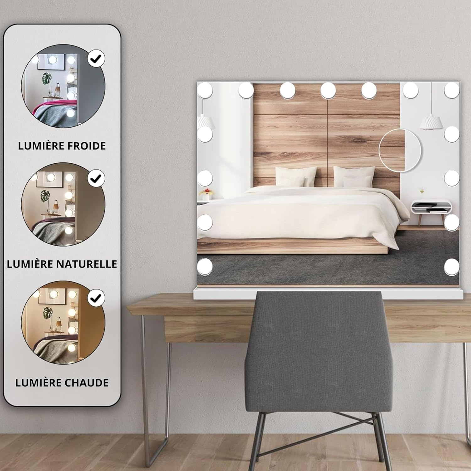 Bayt - miroir de maquillage Hollywood - 58x46cm - LED dimmable, grossissement 10x, blanc