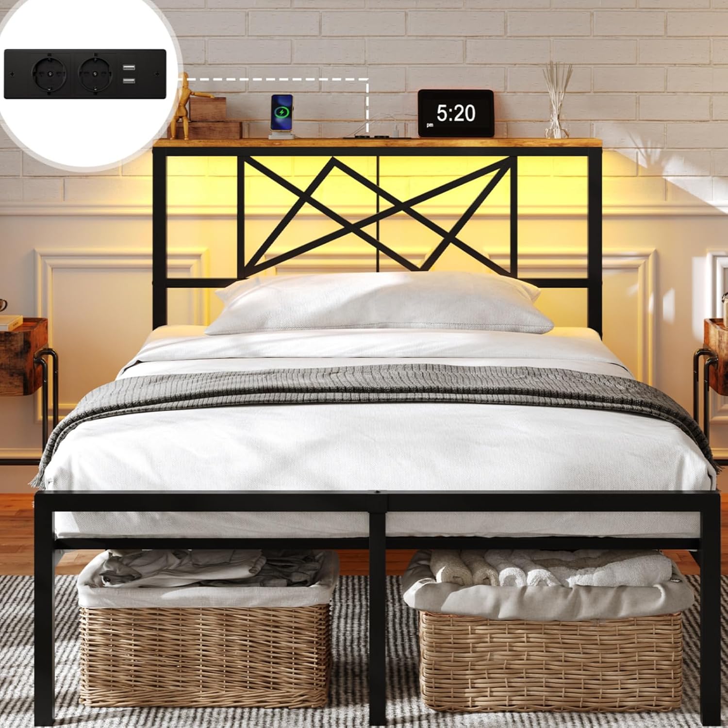 DICTAC - Lit métal LED, 90x200 cm, tête LED, ports USB, rangement