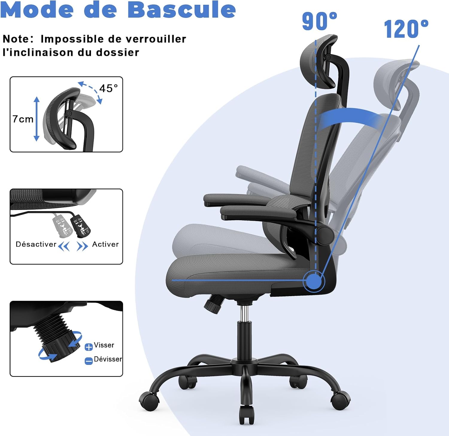 Chaise de bureau ergonomique - support lombaire - dossier et appui-tête réglables, accoudoirs réversibles, assise maille