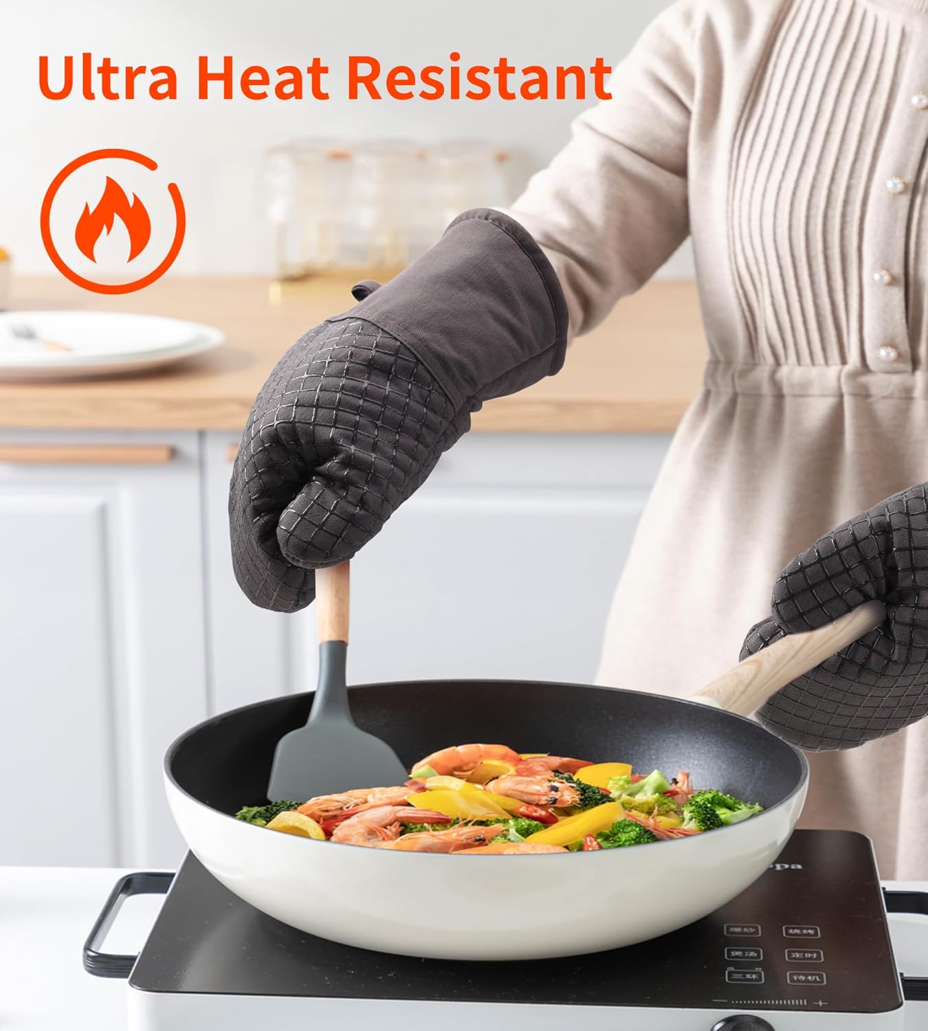 Maniques de Cuisine - lot de 4 - coton doux, silicone épais, antidérapant, résistantes à la chaleur, longues et flexible