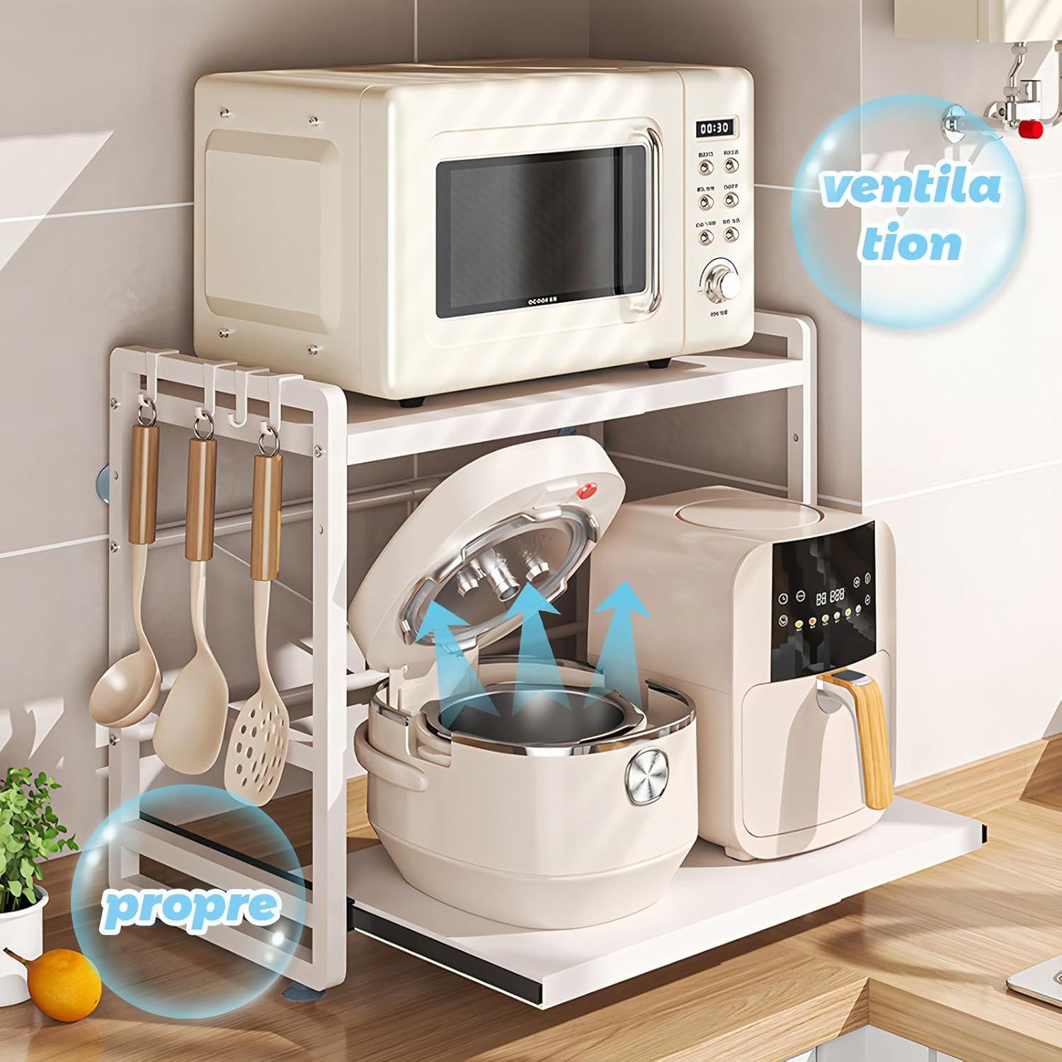 Étagère de cuisine 2 étages - réglable, extensible, tiroir - acier blanc