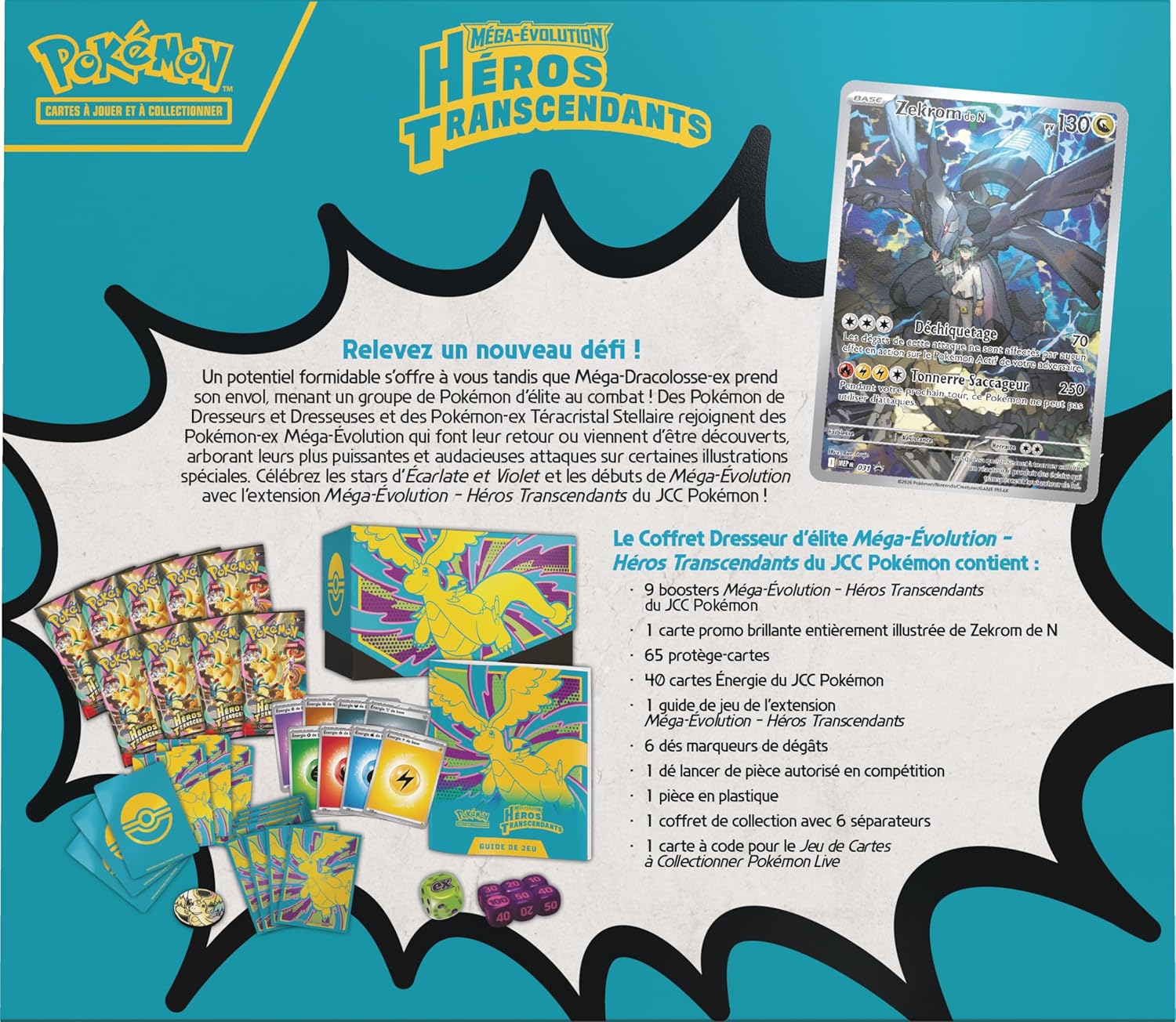 Pokémon - Coffret Dresseur Méga-Évolution Héros Transcendants - 9 boosters, 1 carte promo, accessoires premium