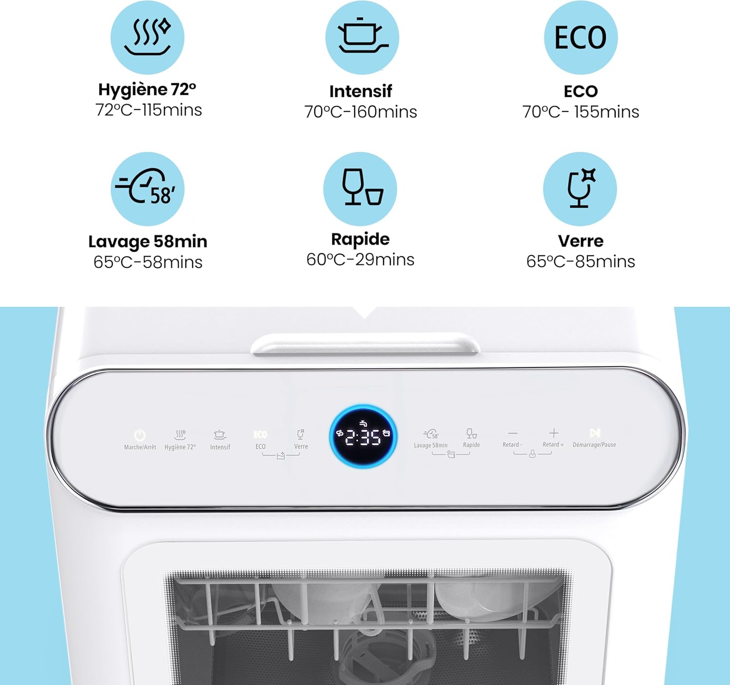 COMFEE' - Lave-vaisselle compact 3 couverts, 7 programmes, écran LED, démarrage différé - CDWMT305WD