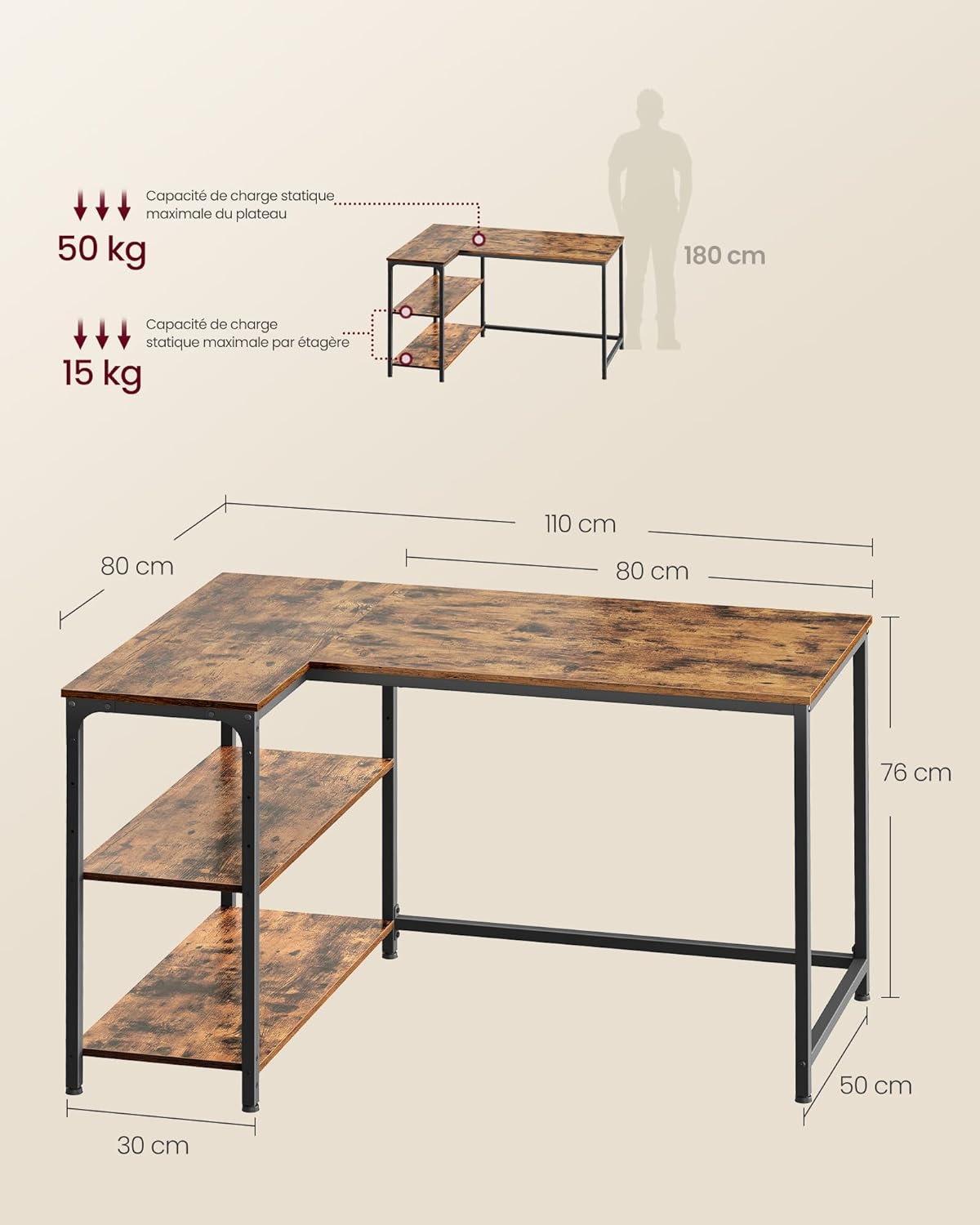 VASAGLE - Bureau en L - 110x80 cm - étagères ajustables, rangement, LWD135KD01