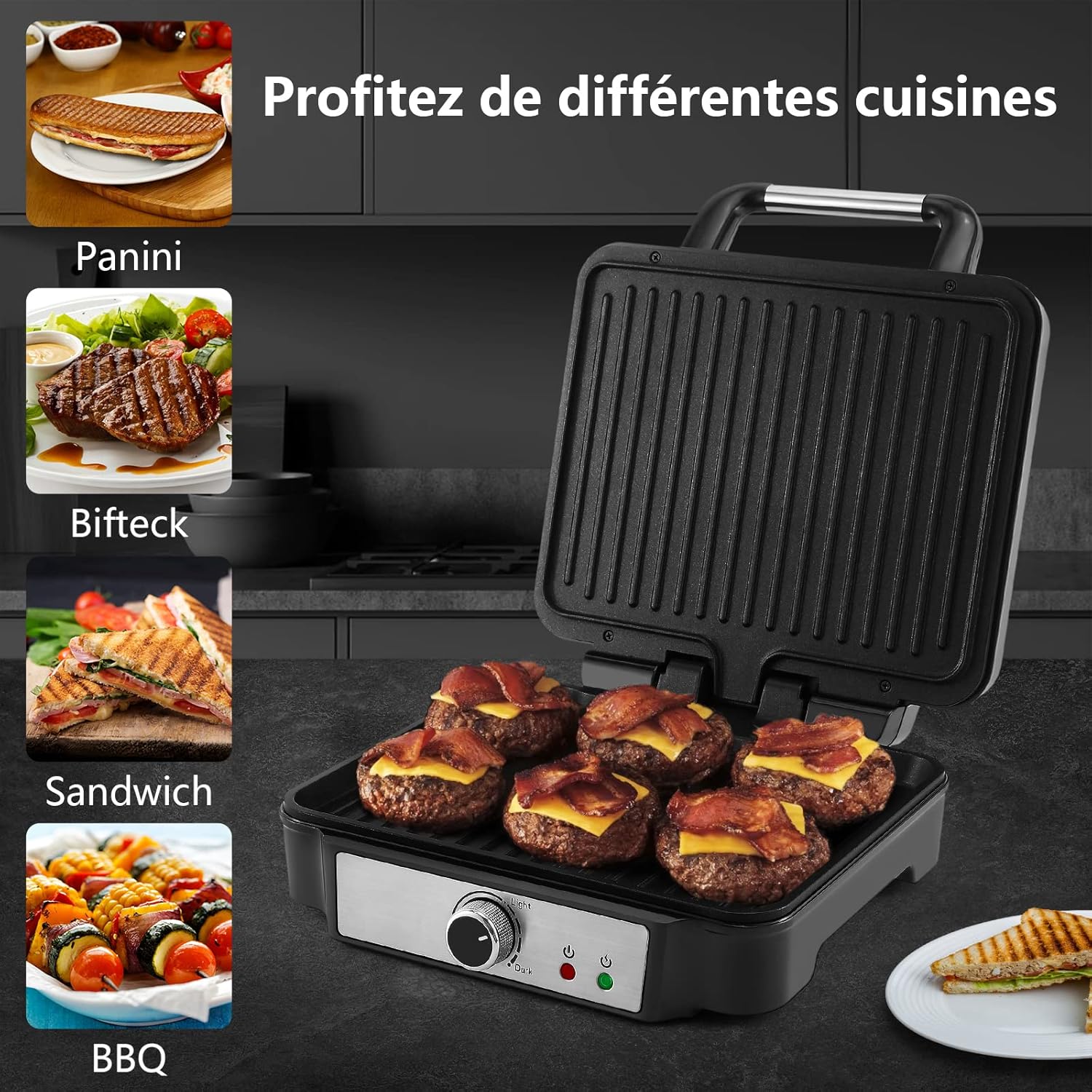 YASHE - Grille viande 4 tranches, plaques antiadhésives, 1800W, ouverture 180°