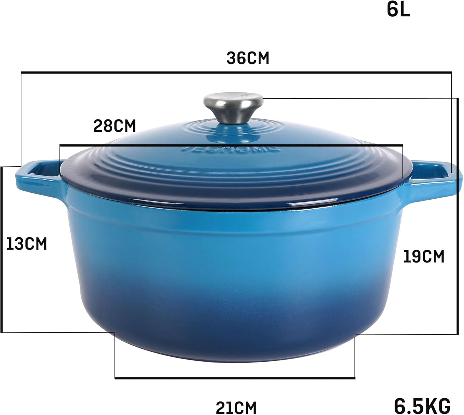 VeoHome - Cocotte Fonte Émaillée 6L - 28cm - Induction/Gaz/Four, cuisson homogène