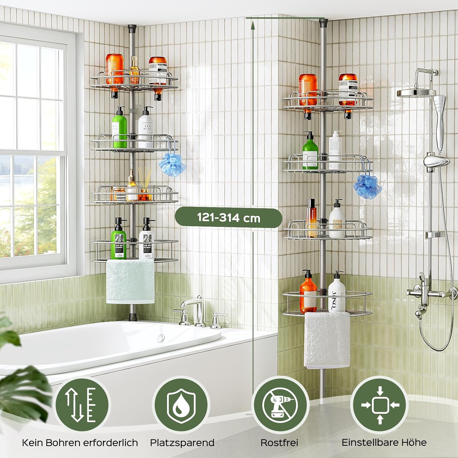 HAMITOR - Etagère douche télescopique, 121-314cm, 4 niveaux, métal, sans perçage