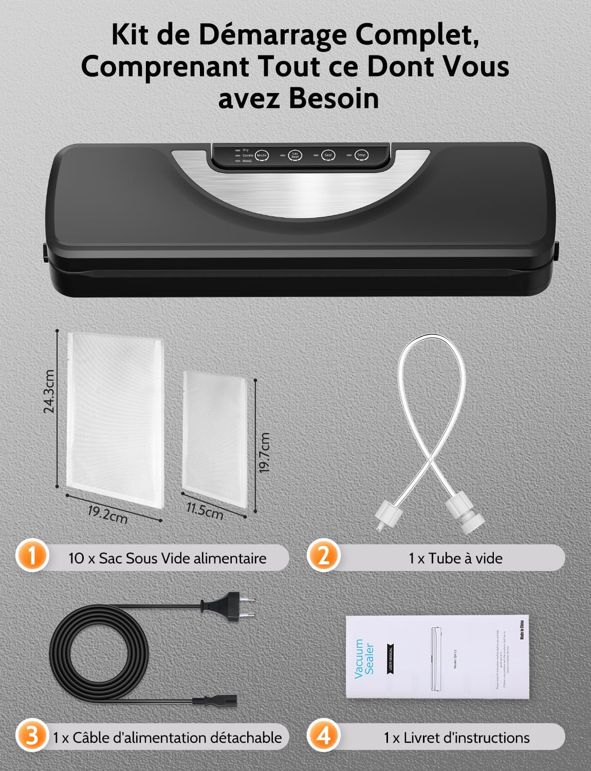 Machine sous vide alimentaire 5 en 1, couteau inclus, modes sec/humide, sacs et tuyau