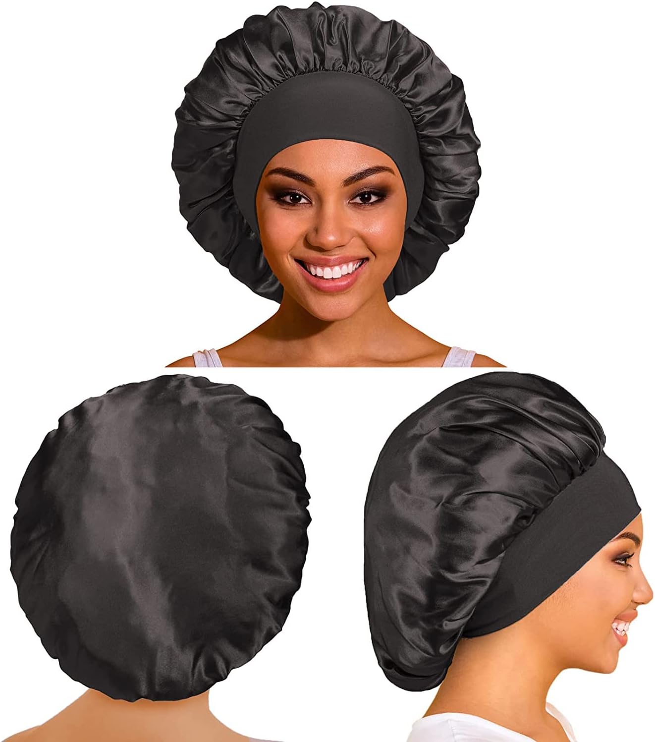Bonnet satin femme - lot de 2 - protection nuit cheveux, réglable