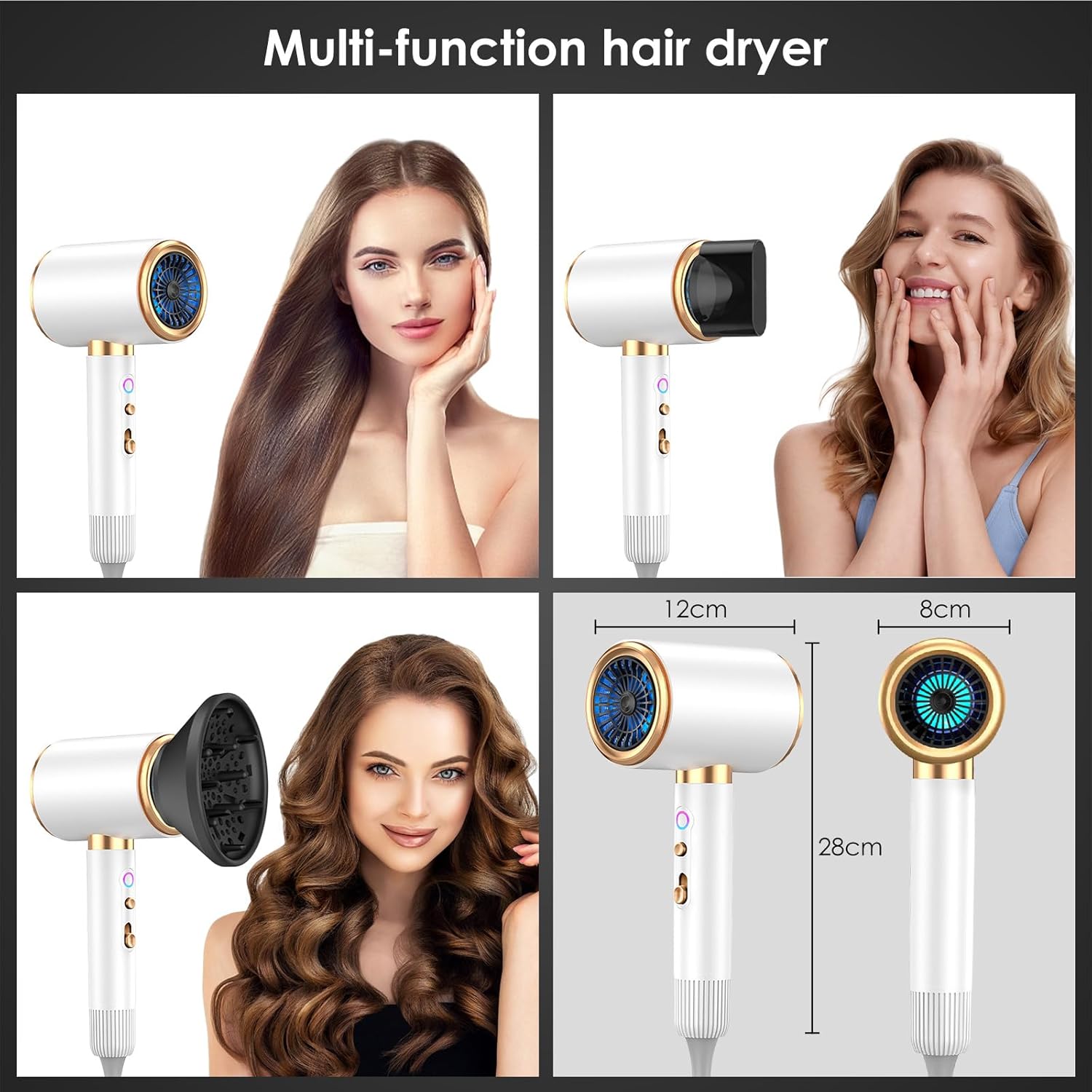 Sèche-cheveux - 2400W, ionique, 3 températures, diffuseur, accessoires