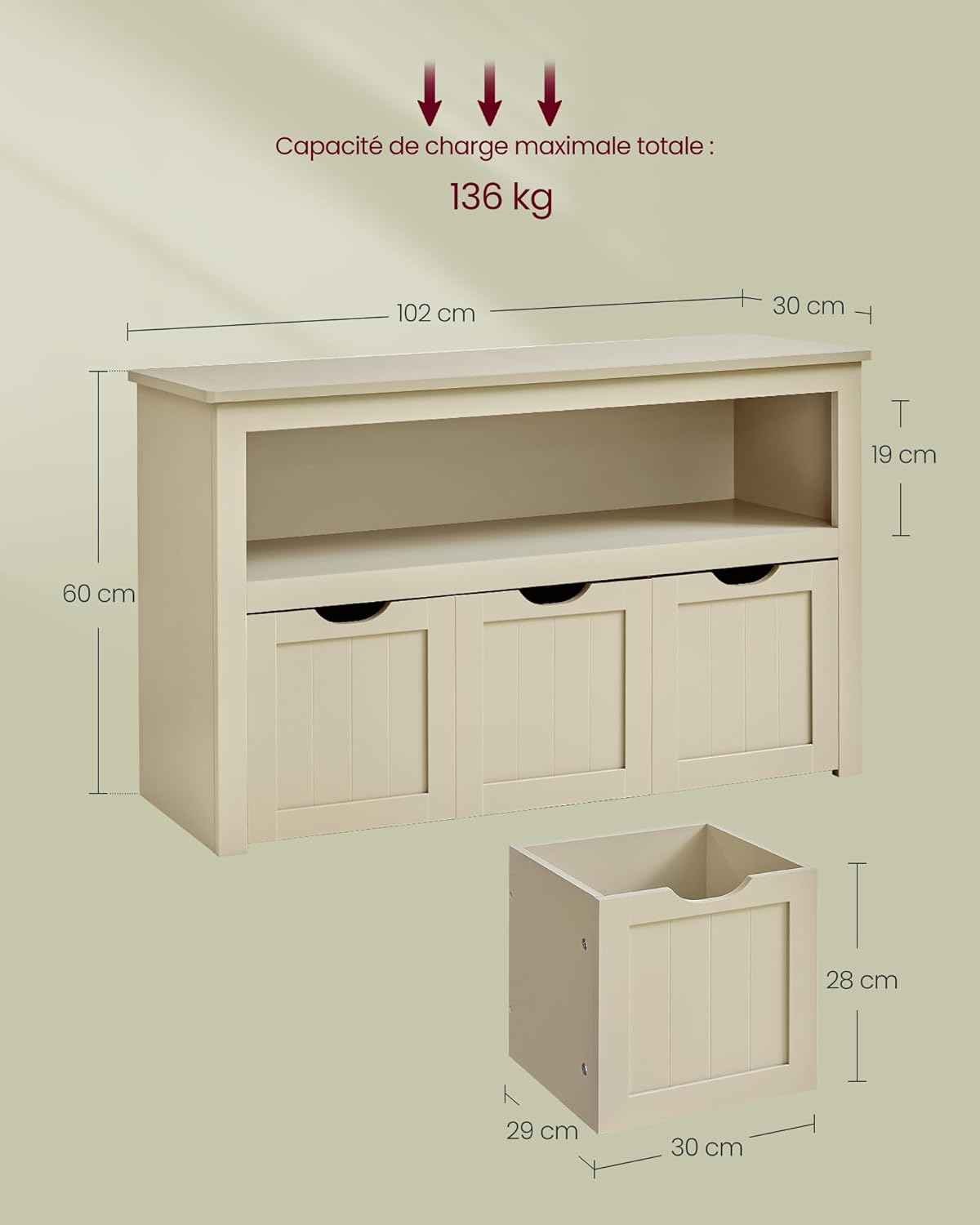 VASAGLE - meuble de rangement enfants - 30x102x60 cm - 3 bacs à roulettes, beige sable - LHS380LH01