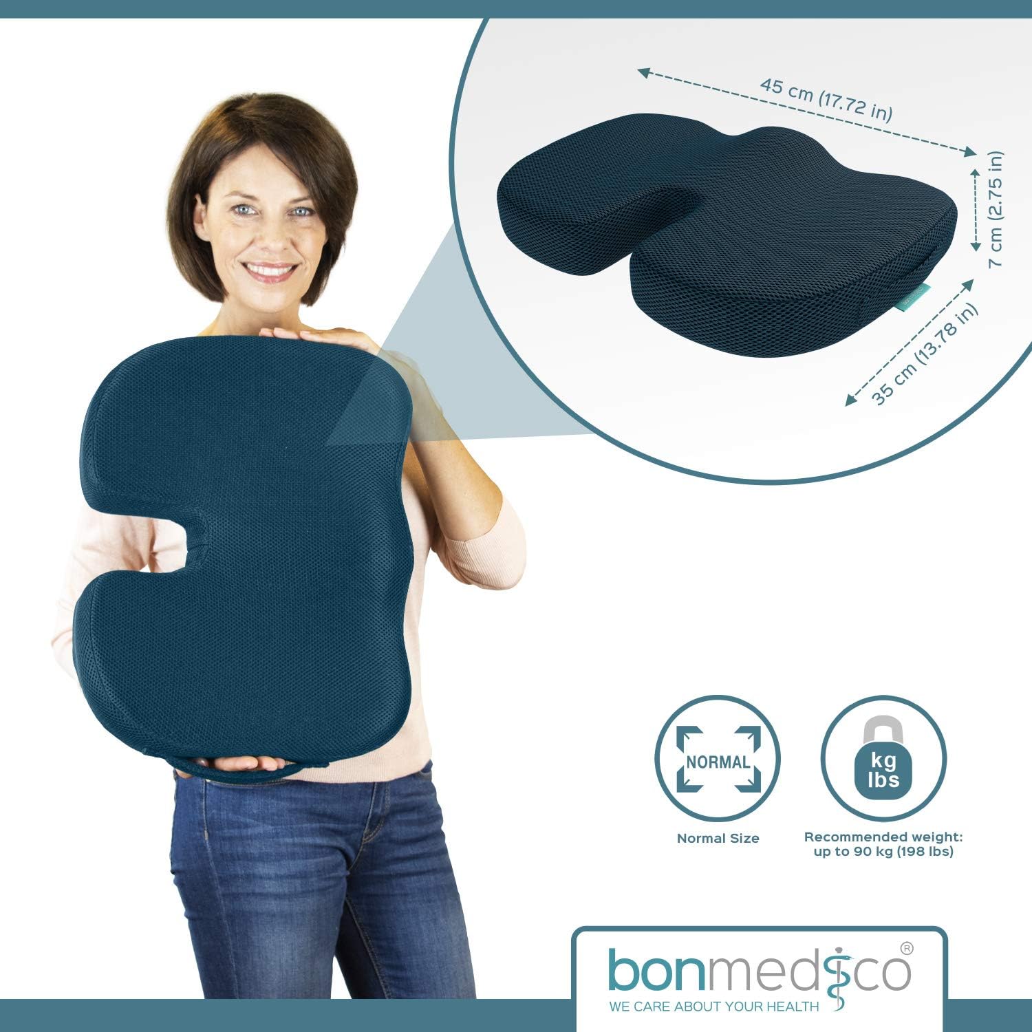 Bonmedico - Coussin standard ergonomique bleu, mousse mémoire, assise bureau