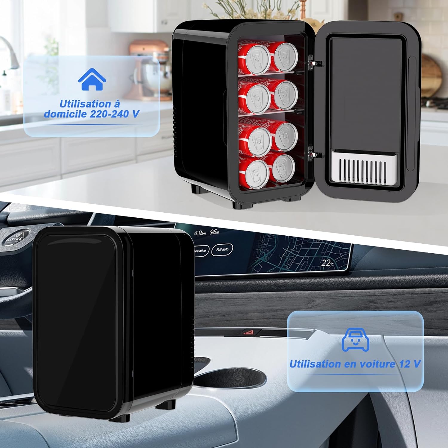 YASHE - Mini réfrigérateur 6L, 8 canettes, portable, AC/DC, noir