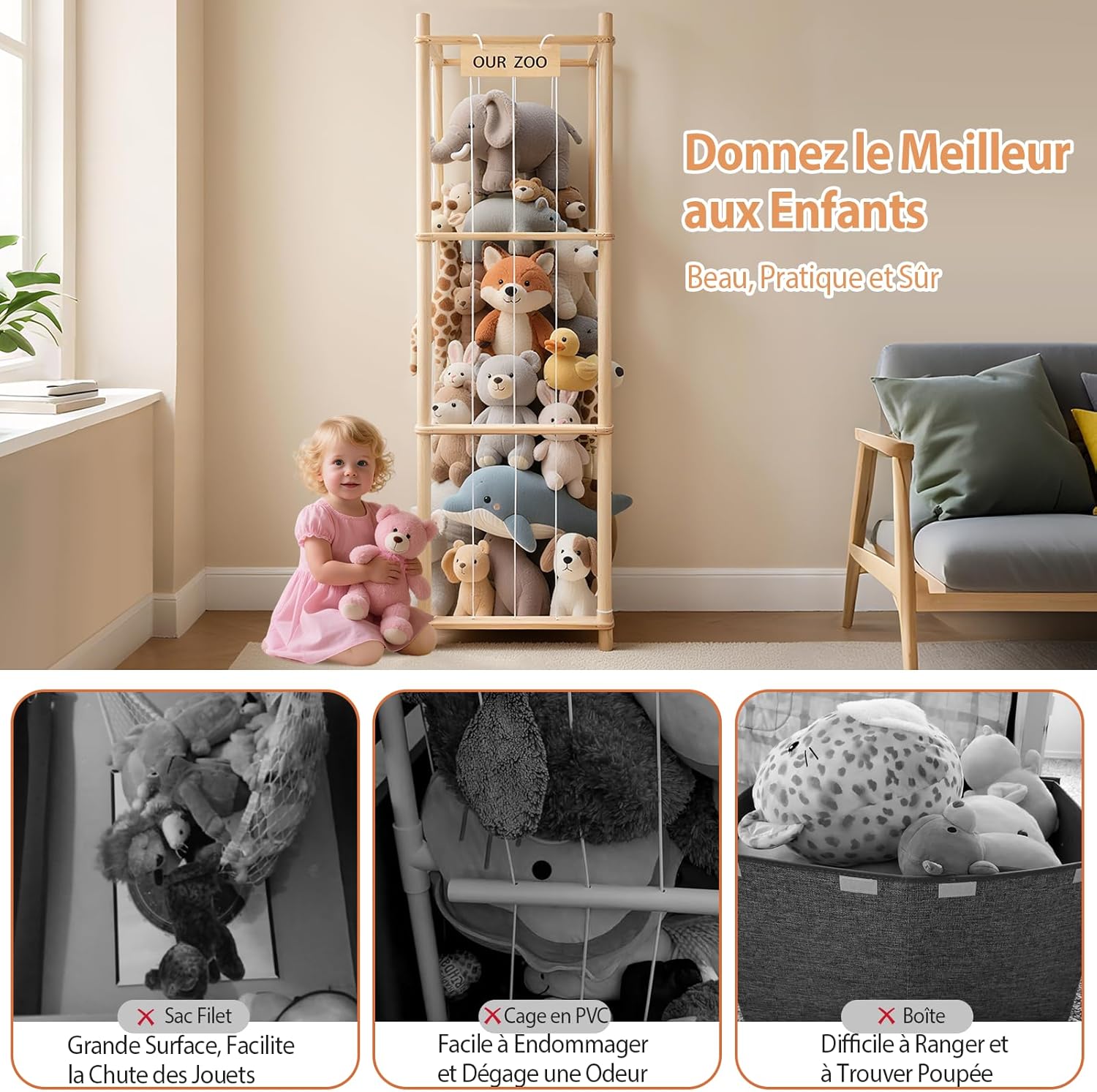 Rangement peluche enfant - tour bois 136x40x40cm - grande capacité