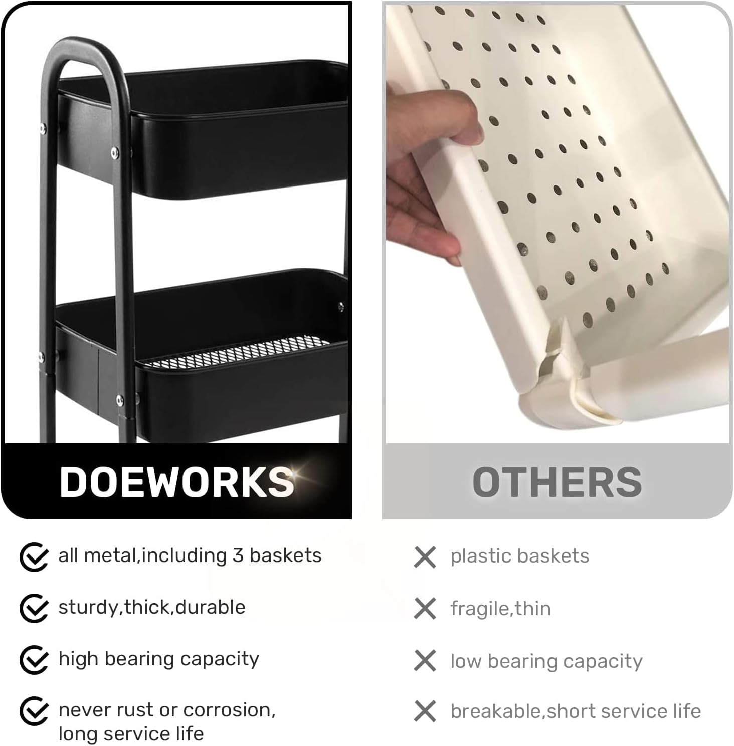 DOEWORKS - Chariot de rangement 3 niveaux, métal, roulettes, noir, avec tasses