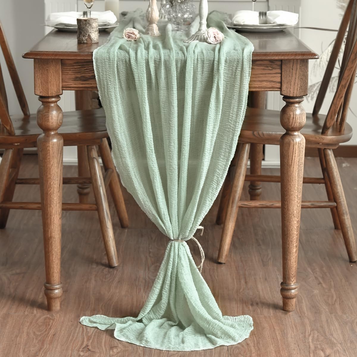 Artoid Mode - Chemin de table Bohême - 400 cm - Gaze mousseline vert sauge, décoration mariage