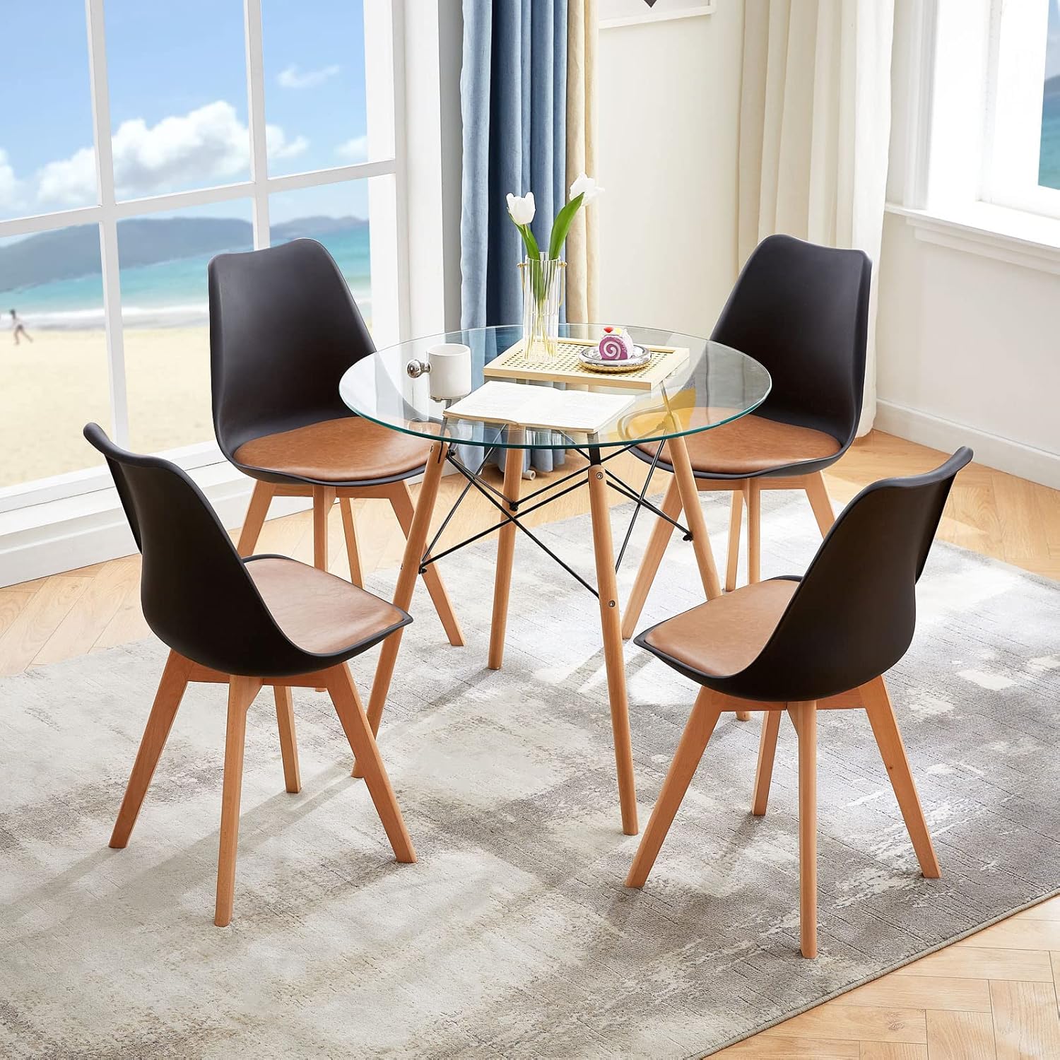 EGGREE - chaises scandinaves lot de 8 - bois hêtre - cuir PU rembourré noir/marron